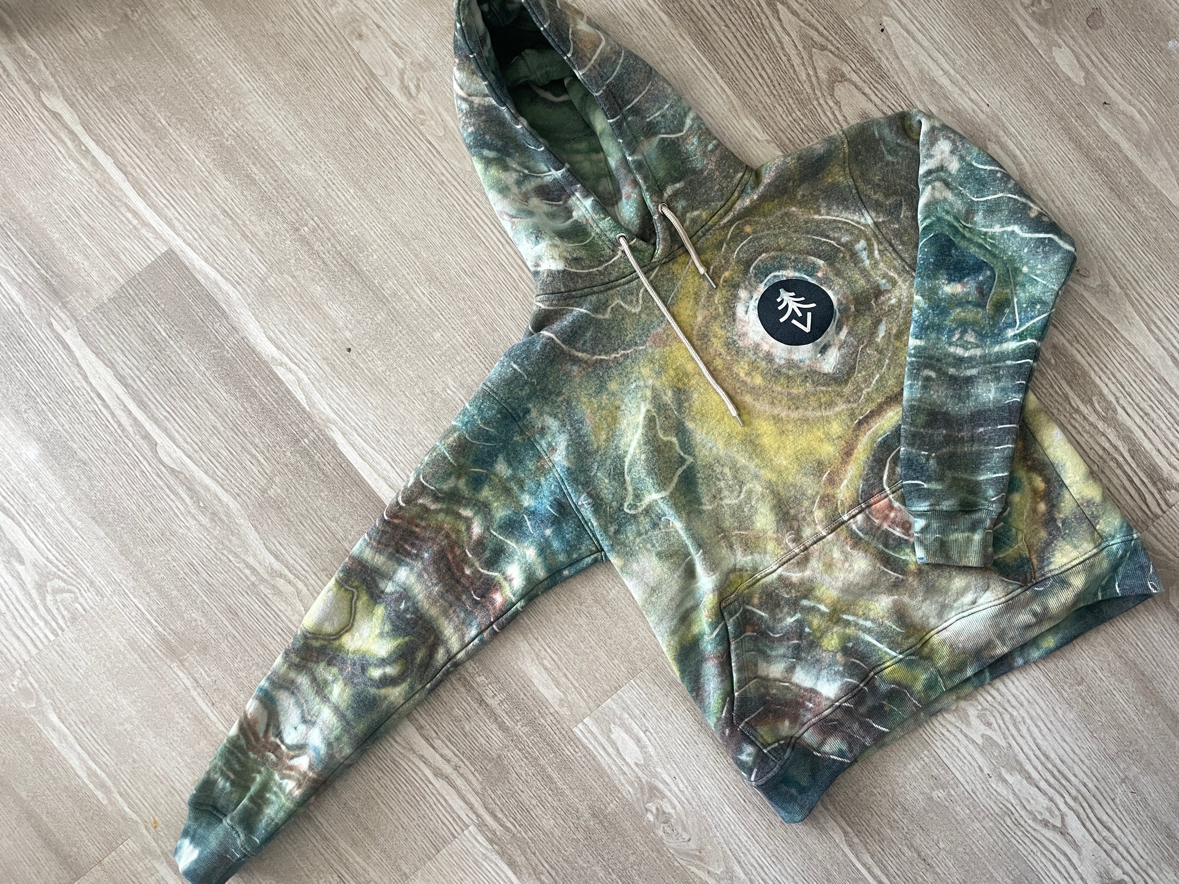 M/L Men’s Treevy Double-Sided Handmade Geode Tie Dye Hoodie | One-Of-a-Kind Upcycled Green, Yellow, and Brown Earth Tones Sweatshirt