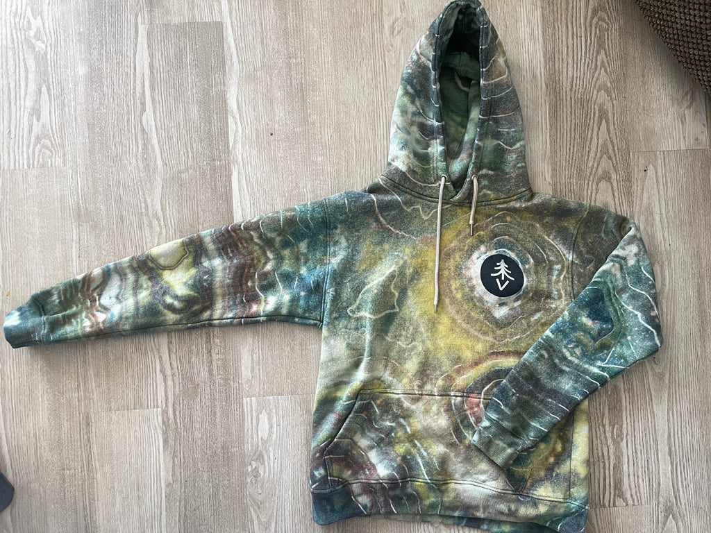 M/L Men’s Treevy Double-Sided Handmade Geode Tie Dye Hoodie | One-Of-a-Kind Upcycled Green, Yellow, and Brown Earth Tones Sweatshirt