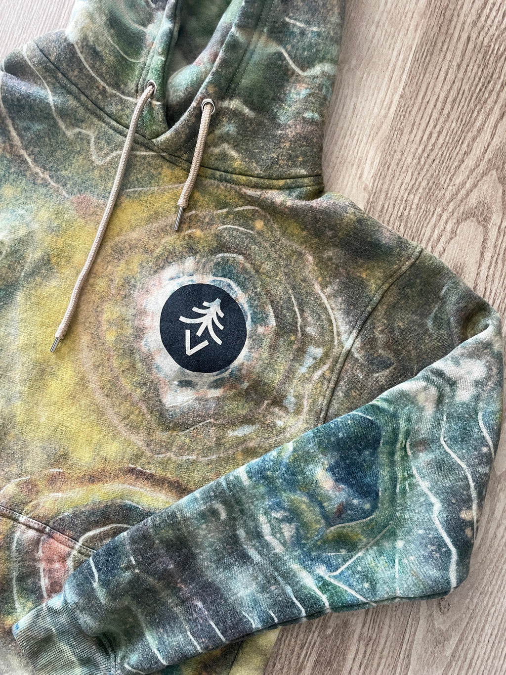 M/L Men’s Treevy Double-Sided Handmade Geode Tie Dye Hoodie | One-Of-a-Kind Upcycled Green, Yellow, and Brown Earth Tones Sweatshirt