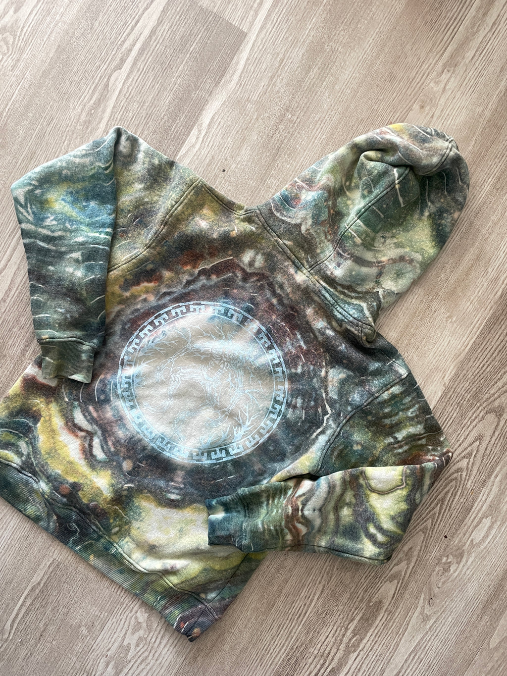 M/L Men’s Treevy Double-Sided Handmade Geode Tie Dye Hoodie | One-Of-a-Kind Upcycled Green, Yellow, and Brown Earth Tones Sweatshirt