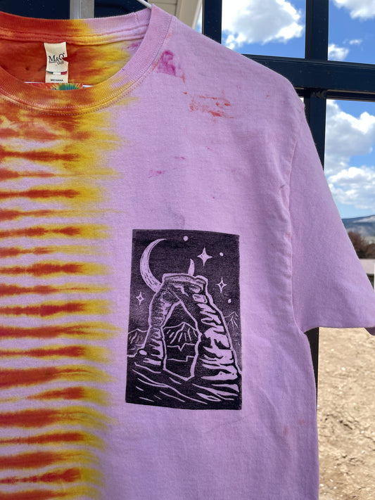 Medium Men's Delicate Arch Moab Utah Handmade Tie Dye Block-Printed T-Shirt | One-Of-a-Kind Upcycled Pink and Orange Desert Sunset Short Sleeve Shirt
