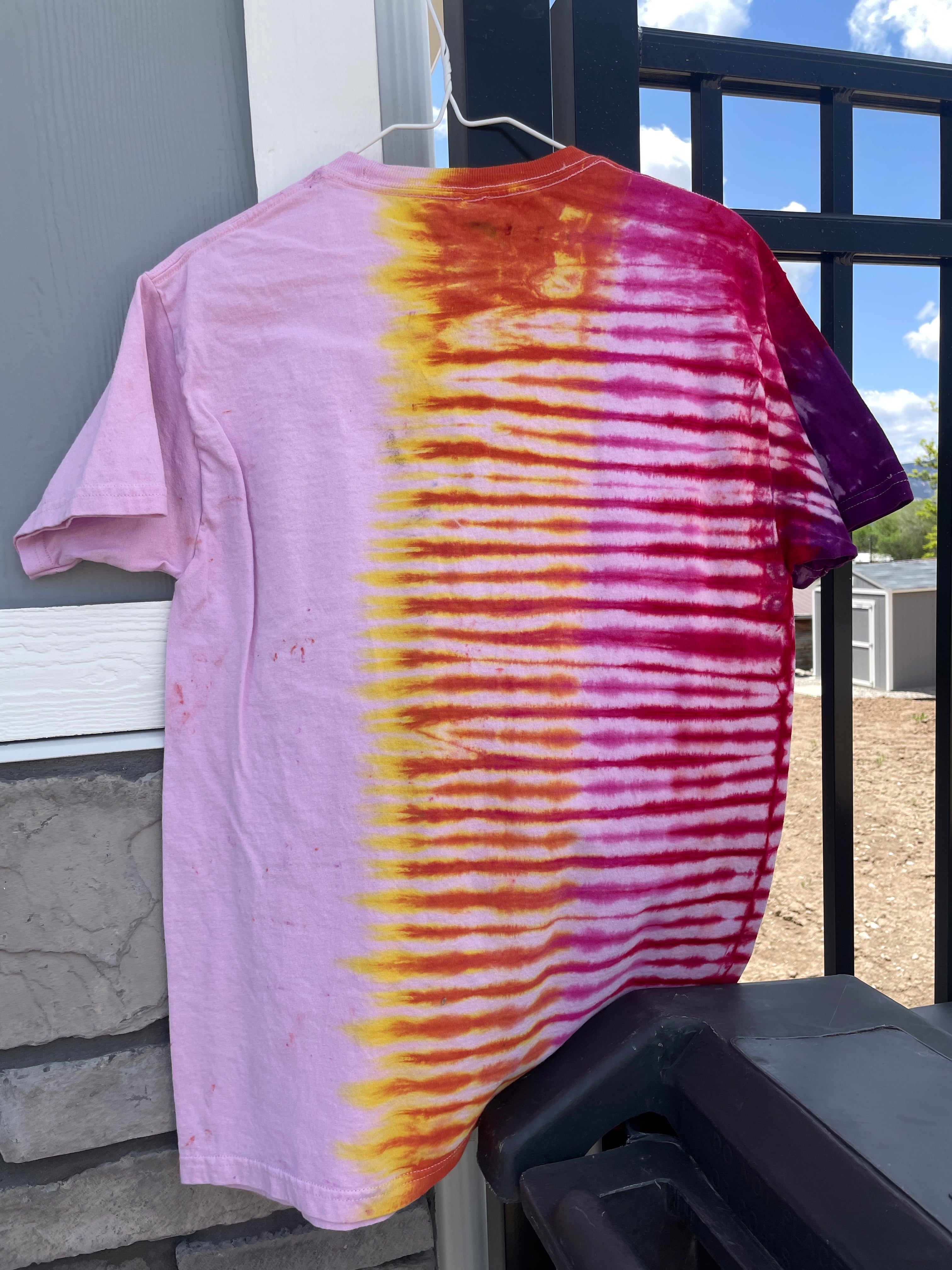 Medium Men's Delicate Arch Moab Utah Handmade Tie Dye Block-Printed T-Shirt | One-Of-a-Kind Upcycled Pink and Orange Desert Sunset Short Sleeve Shirt