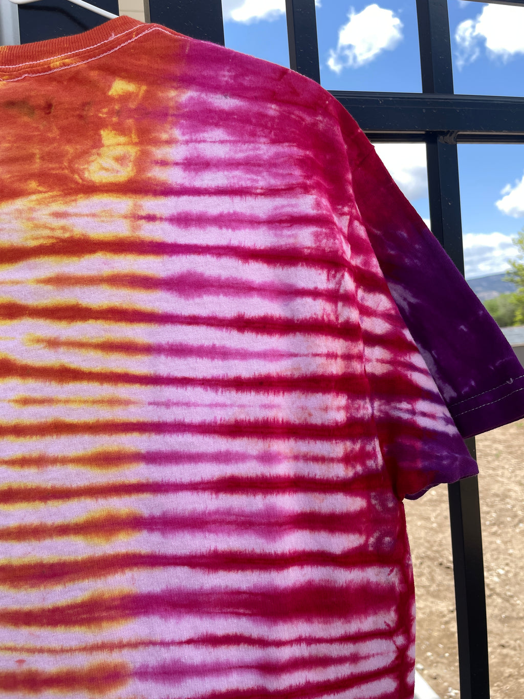 Medium Men's Delicate Arch Moab Utah Handmade Tie Dye Block-Printed T-Shirt | One-Of-a-Kind Upcycled Pink and Orange Desert Sunset Short Sleeve Shirt