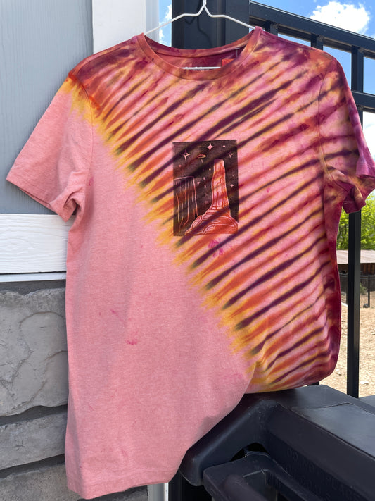 Medium Men's Castleton Tower Moab Utah Handmade Tie Dye Block-Printed T-Shirt | One-Of-a-Kind Upcycled Orange and Pink Desert Sunset Short Sleeve Shirt