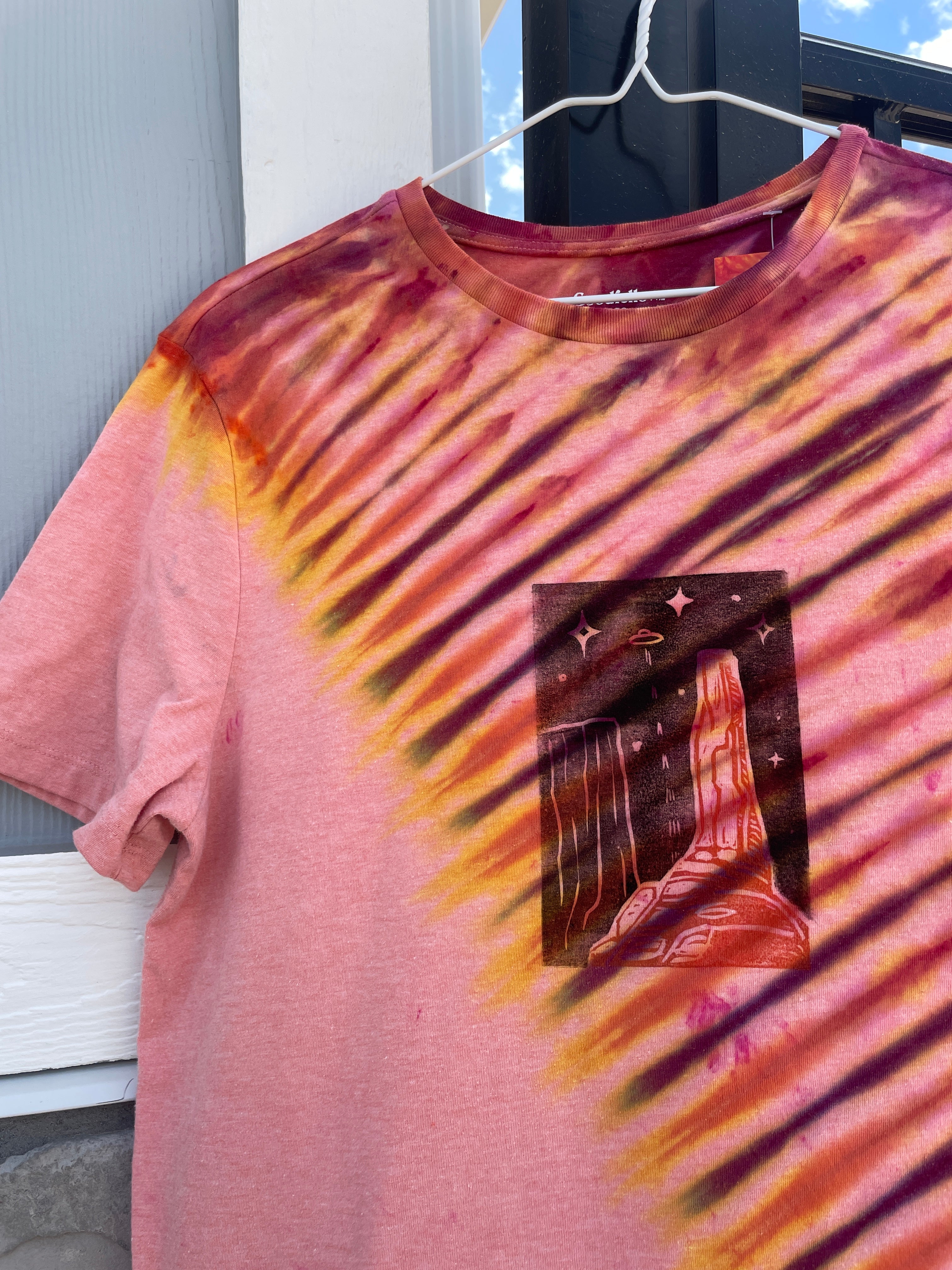 Medium Men's Castleton Tower Moab Utah Handmade Tie Dye Block-Printed T-Shirt | One-Of-a-Kind Upcycled Orange and Pink Desert Sunset Short Sleeve Shirt