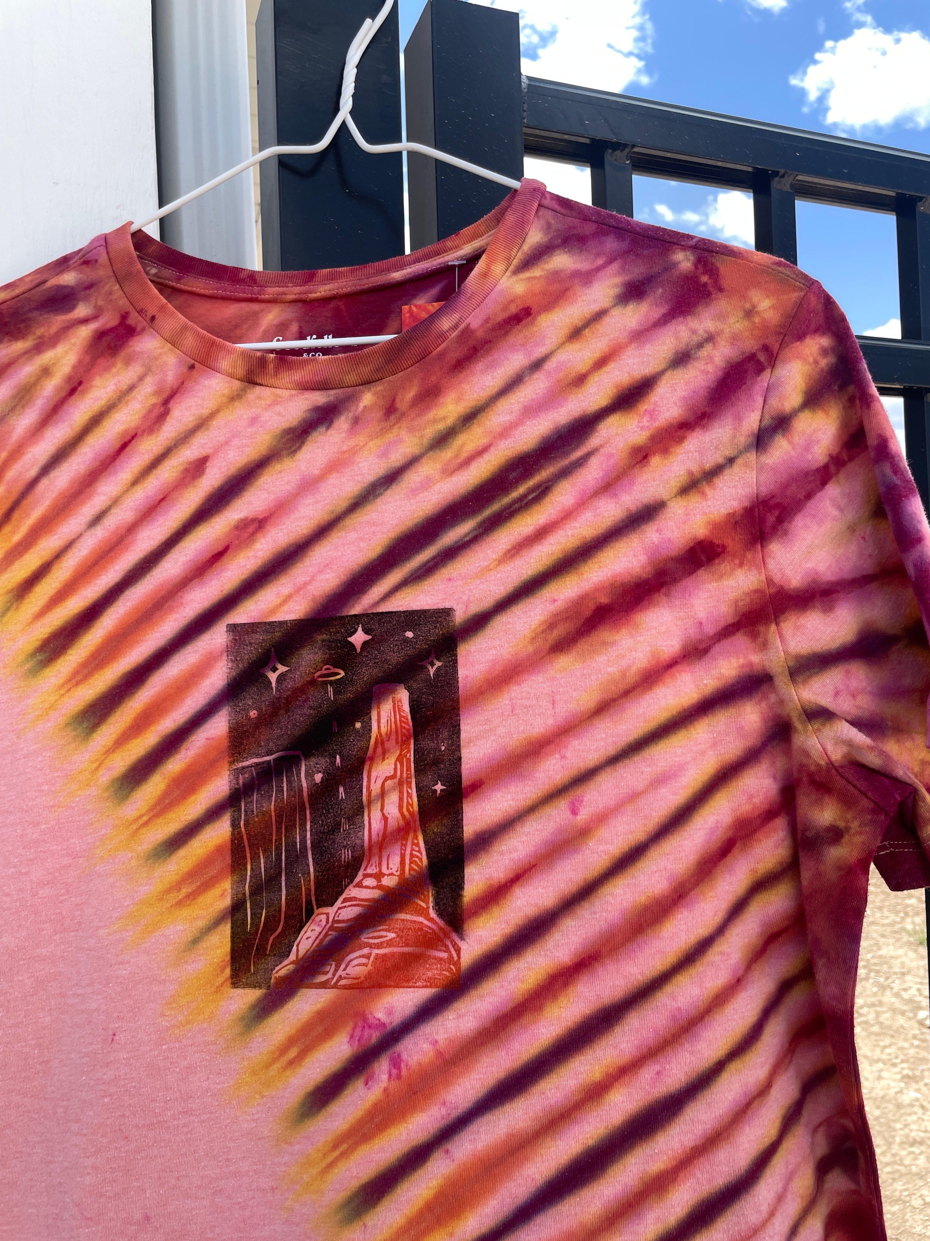 Medium Men's Castleton Tower Moab Utah Handmade Tie Dye Block-Printed T-Shirt | One-Of-a-Kind Upcycled Orange and Pink Desert Sunset Short Sleeve Shirt