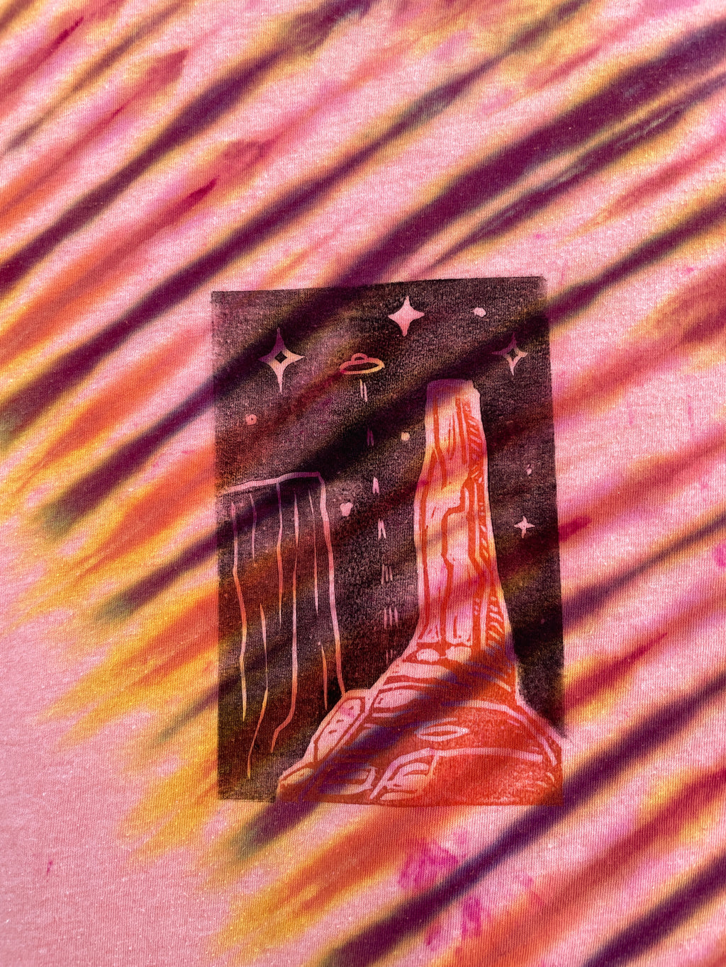 Medium Men's Castleton Tower Moab Utah Handmade Tie Dye Block-Printed T-Shirt | One-Of-a-Kind Upcycled Orange and Pink Desert Sunset Short Sleeve Shirt