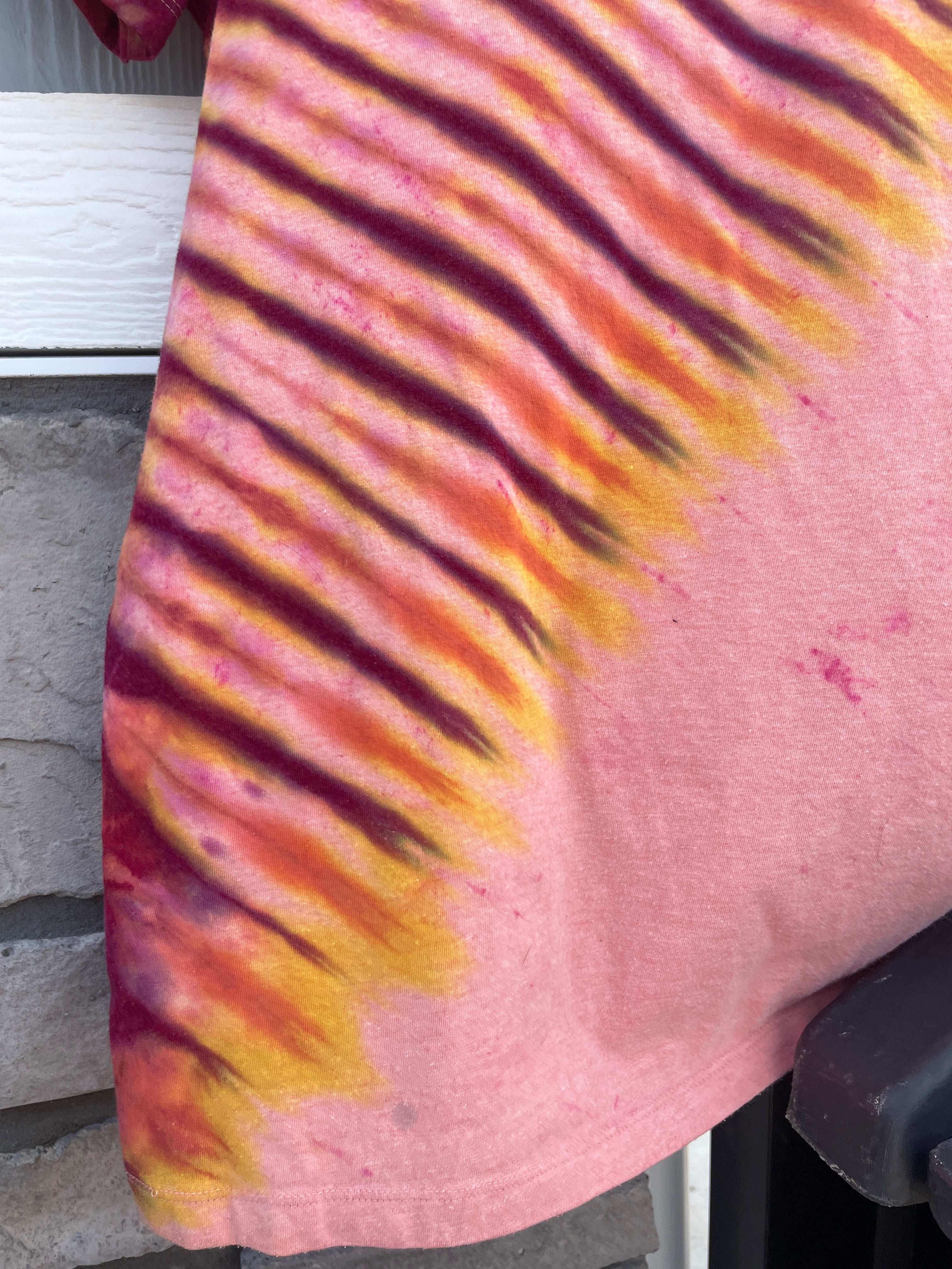 Medium Men's Castleton Tower Moab Utah Handmade Tie Dye Block-Printed T-Shirt | One-Of-a-Kind Upcycled Orange and Pink Desert Sunset Short Sleeve Shirt