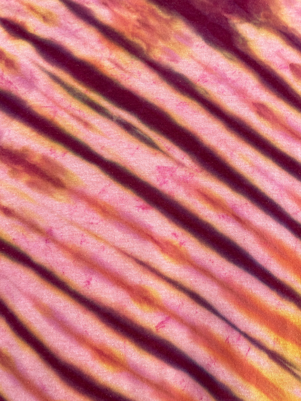 Medium Men's Castleton Tower Moab Utah Handmade Tie Dye Block-Printed T-Shirt | One-Of-a-Kind Upcycled Orange and Pink Desert Sunset Short Sleeve Shirt