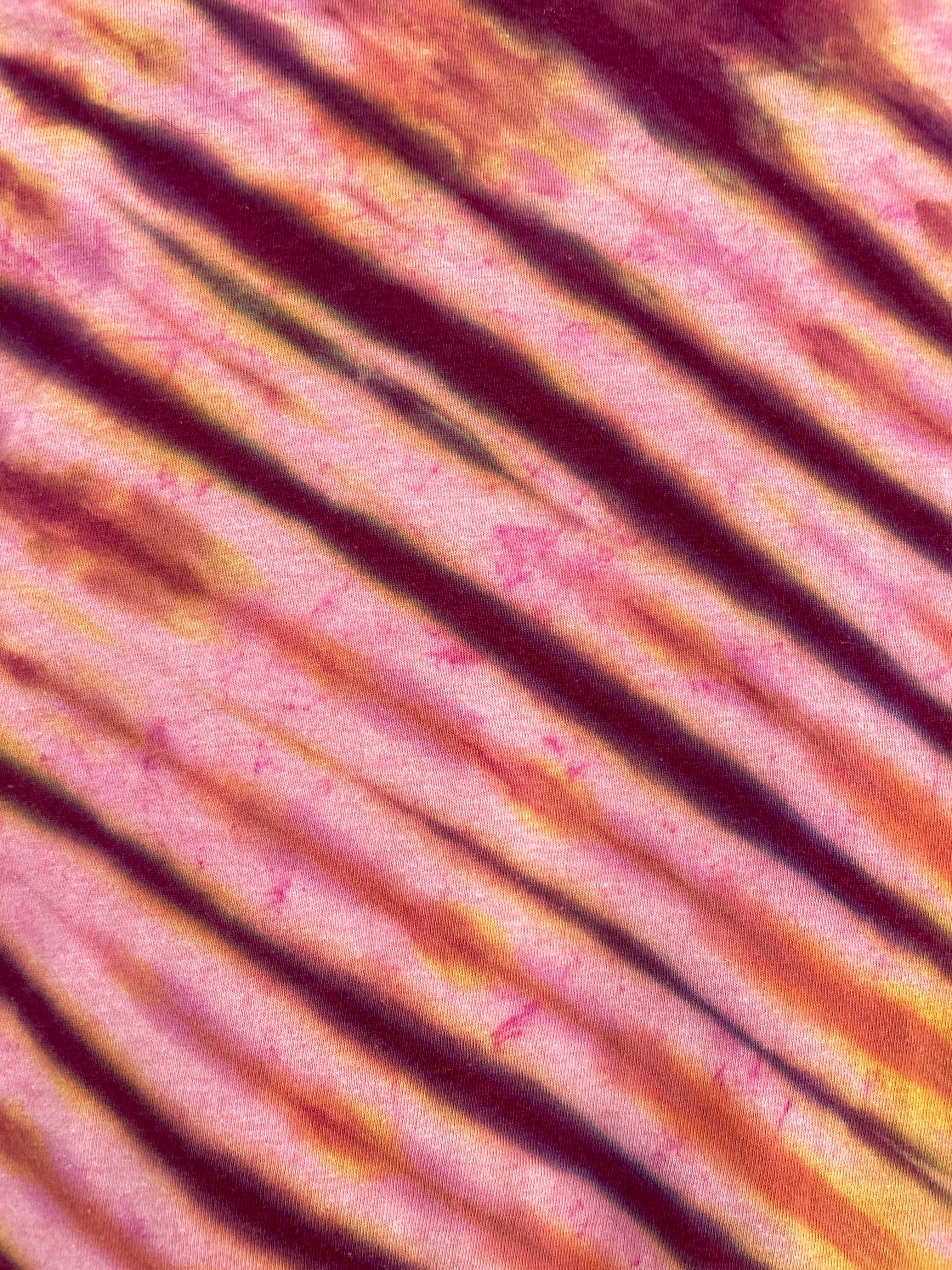 Medium Men's Castleton Tower Moab Utah Handmade Tie Dye Block-Printed T-Shirt | One-Of-a-Kind Upcycled Orange and Pink Desert Sunset Short Sleeve Shirt