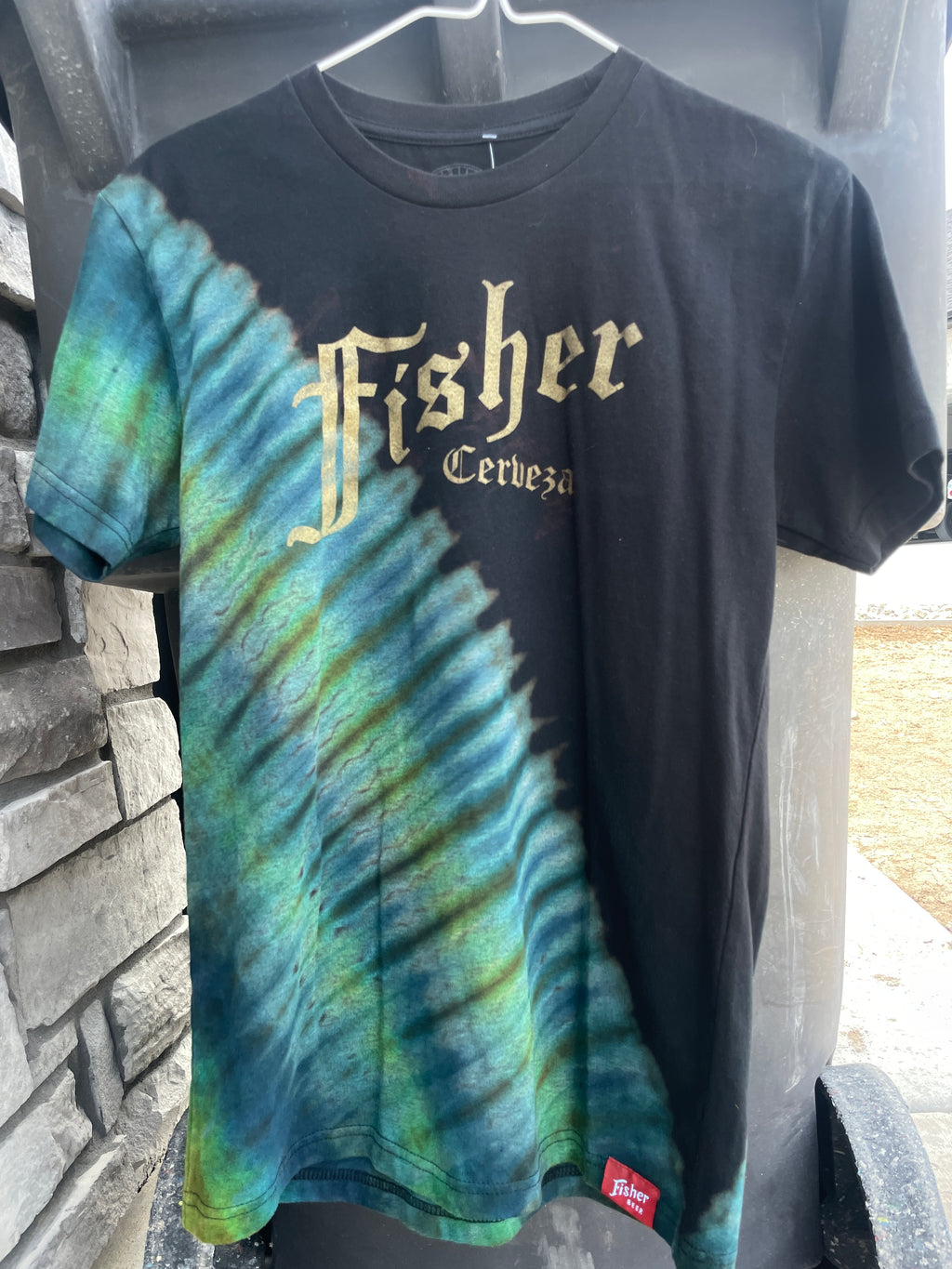 Small Men’s Fisher Cerveza Handmade Reverse Tie Dye Short Sleeve T-Shirt | One-Of-a-Kind Upcycled Black, Blue, and Green Tie Dye Top