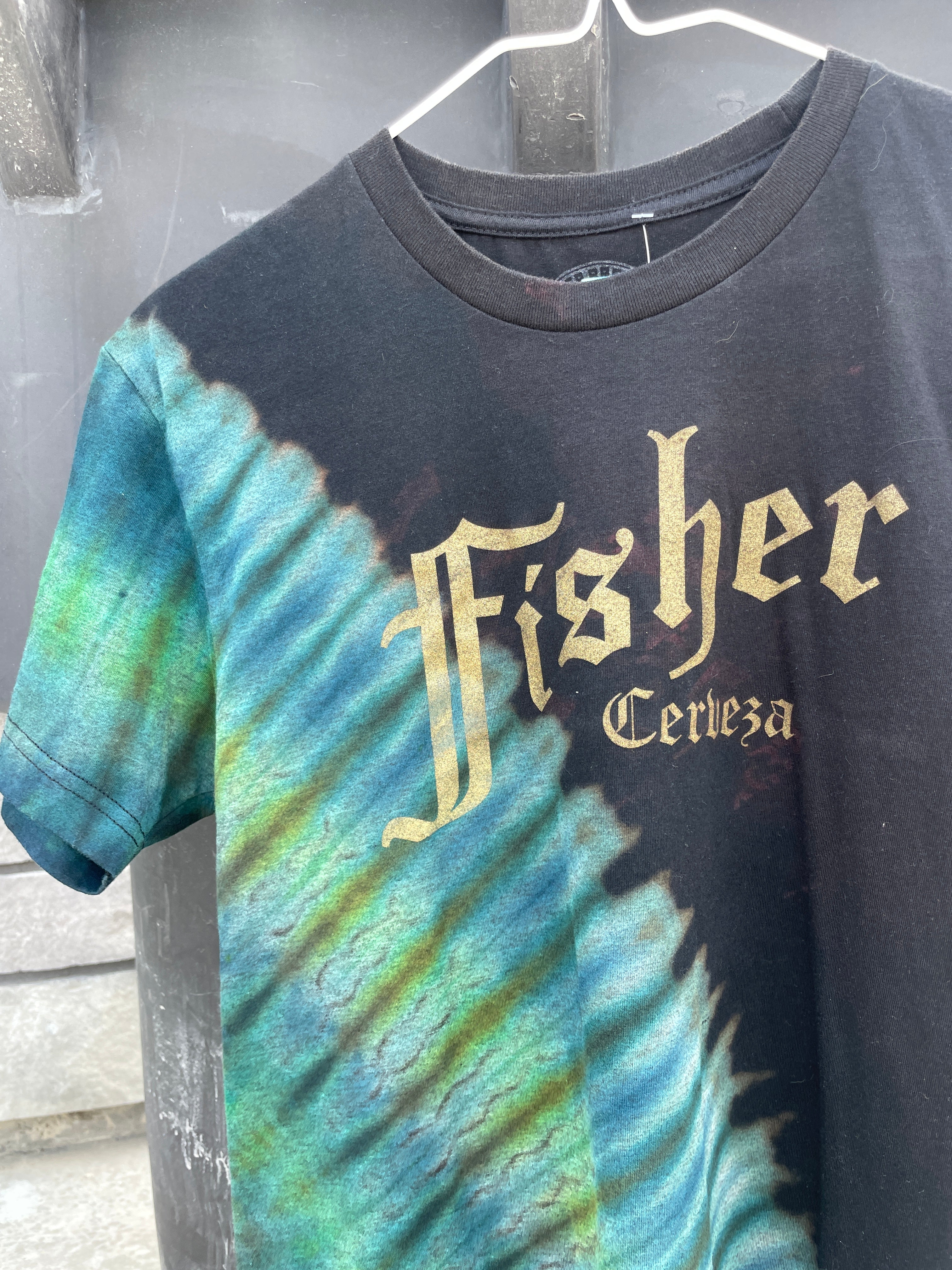 Small Men’s Fisher Cerveza Handmade Reverse Tie Dye Short Sleeve T-Shirt | One-Of-a-Kind Upcycled Black, Blue, and Green Tie Dye Top