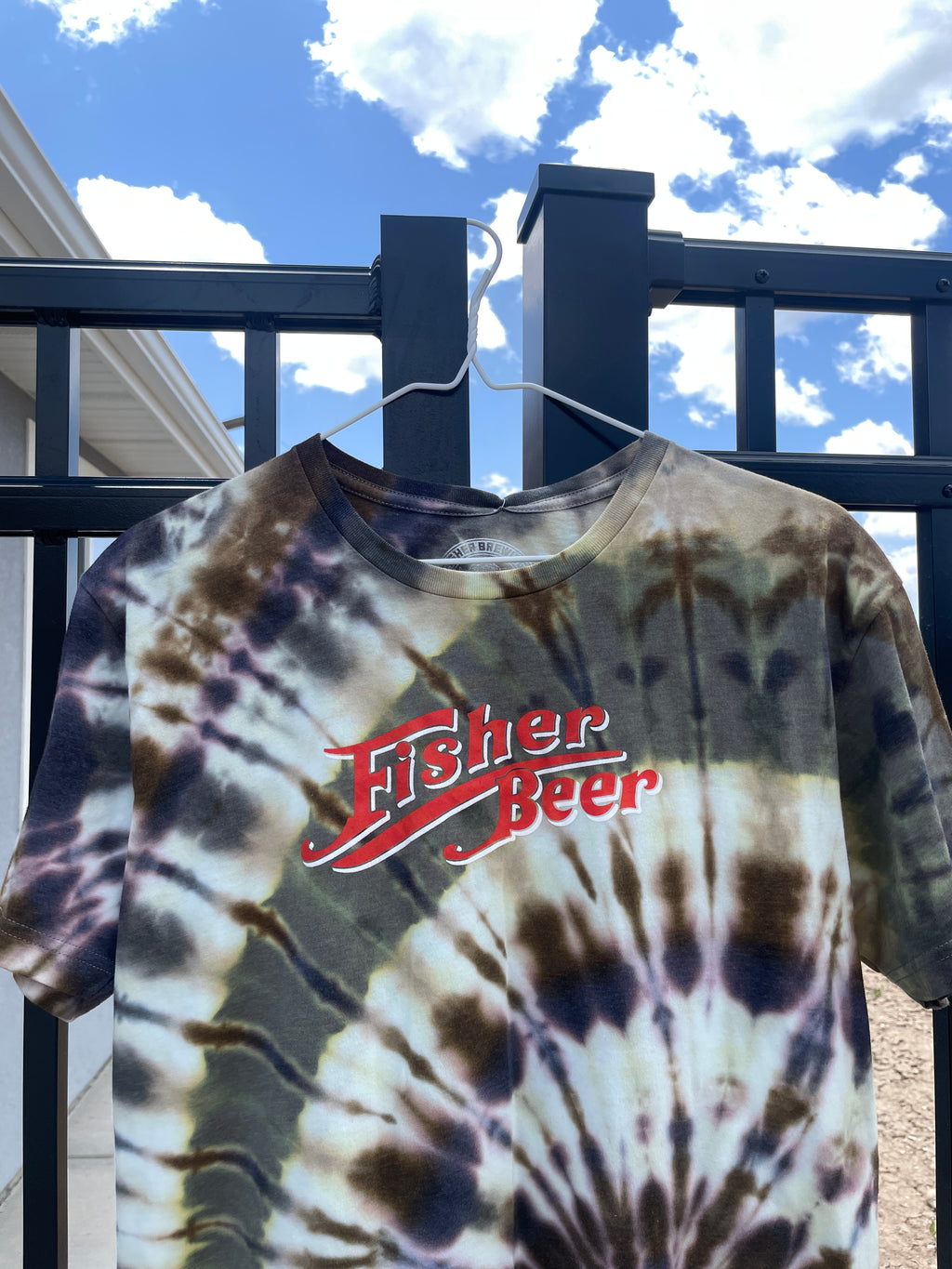 Medium Men’s Fisher Beer Handmade Reverse Tie Dye Short Sleeve T-Shirt | One-Of-a-Kind Upcycled Black and Rainbow Tie Dye Top
