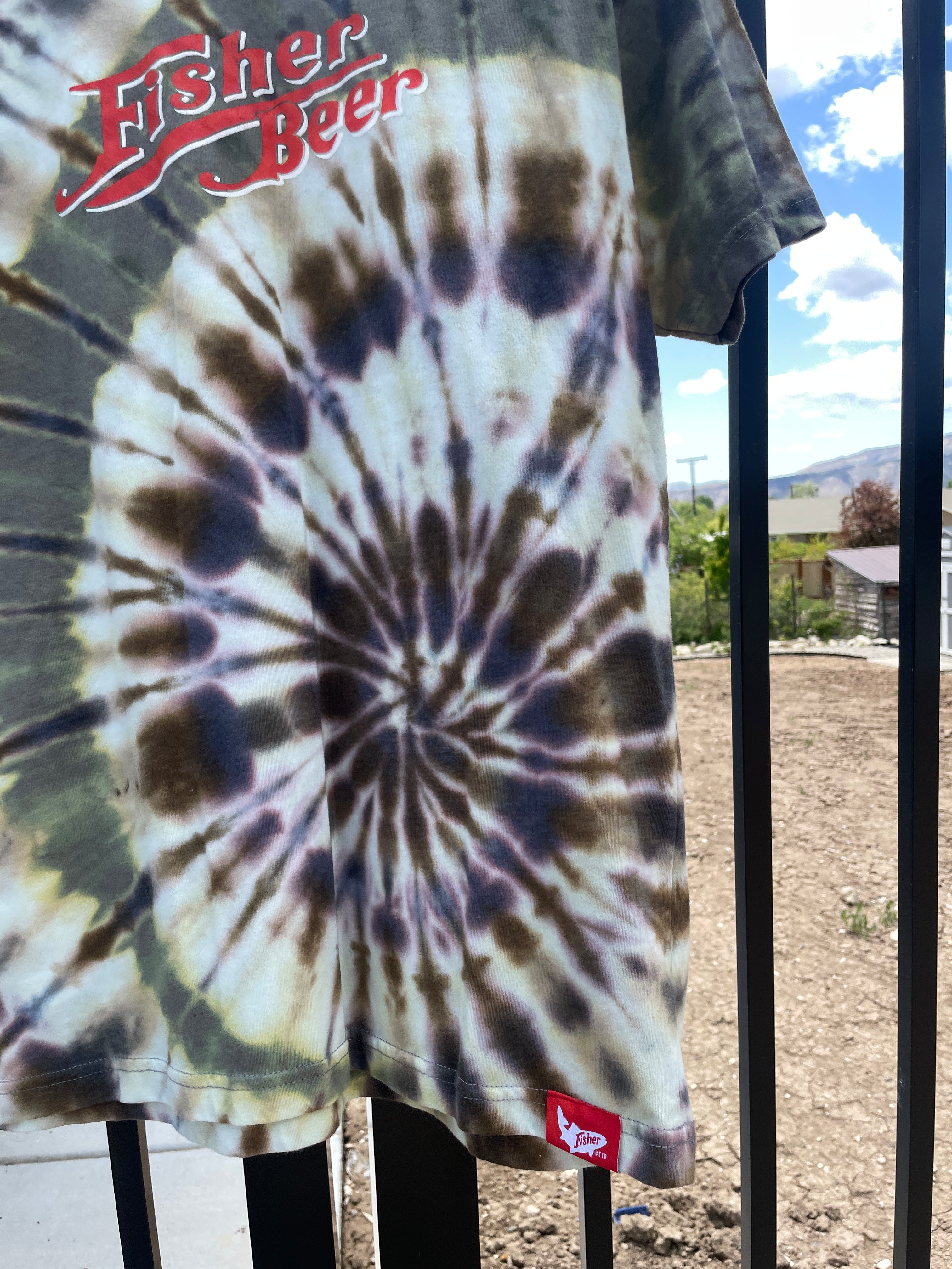Medium Men’s Fisher Beer Handmade Reverse Tie Dye Short Sleeve T-Shirt | One-Of-a-Kind Upcycled Black and Rainbow Tie Dye Top