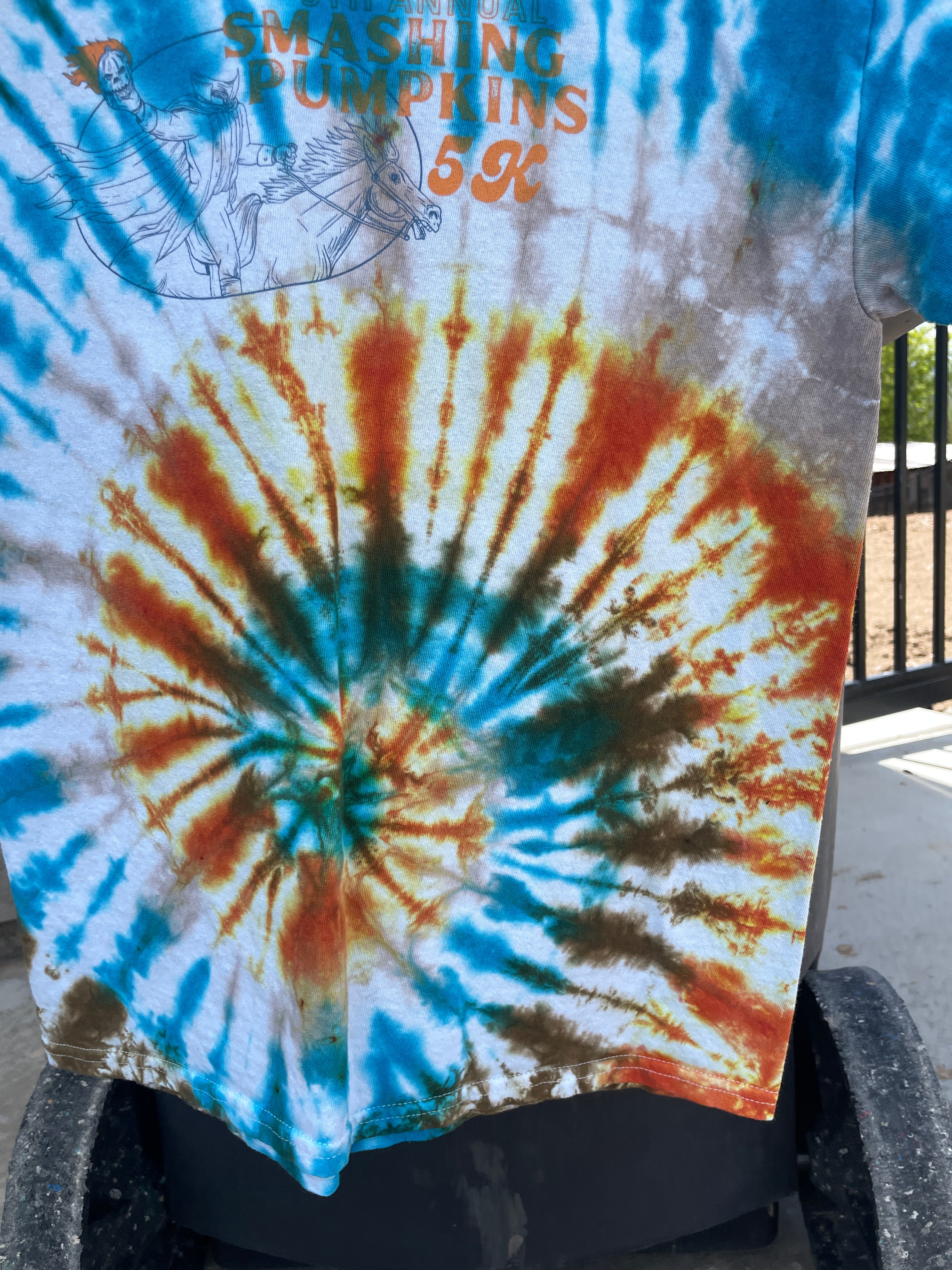 Medium Men's WUTAH Delicate Arch Handmade Tie Dye Short Sleeve T-Shirt | One-Of-a-Kind Upcycled Orange and Blue Spiral Tie Dye Top