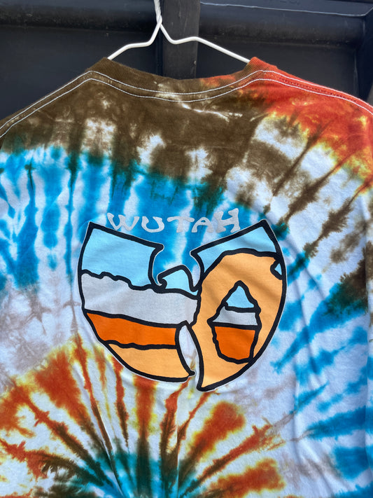 Medium Men's WUTAH Delicate Arch Handmade Tie Dye Short Sleeve T-Shirt | One-Of-a-Kind Upcycled Orange and Blue Spiral Tie Dye Top