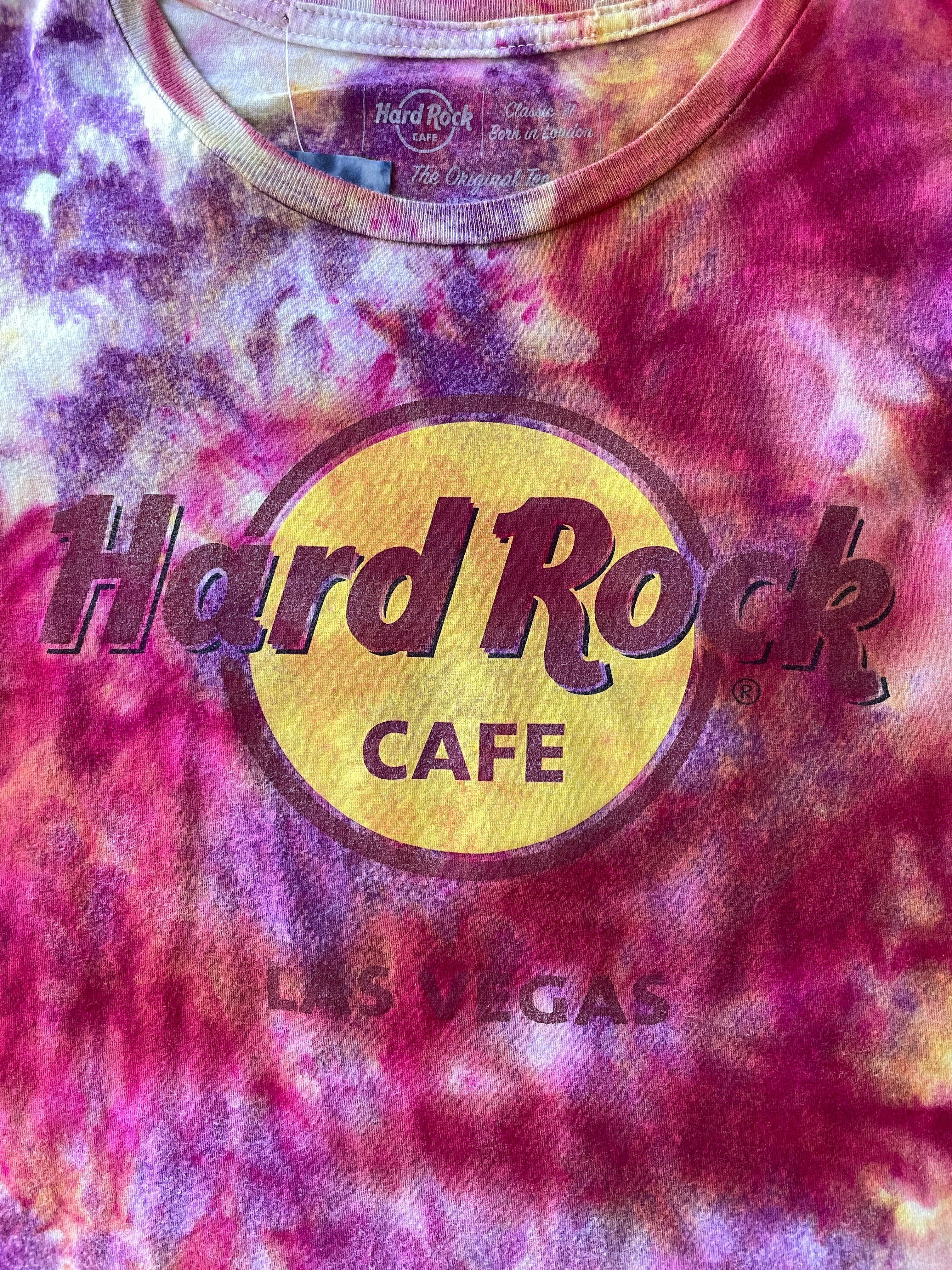 MEDIUM Men’s Hard Rock Las Vegas Galaxy Tie Dye Short Sleeve T-Shirt | One-Of-a-Kind Upcycled Red and Pink Top