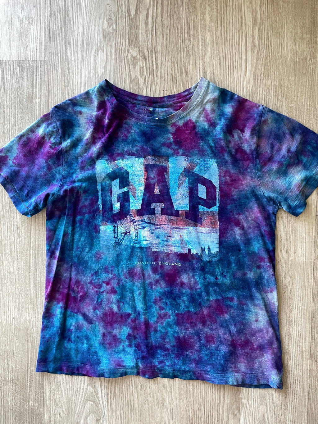 LARGE Women’s GAP London, UK Handmade Galaxy Tie Dye Short Sleeve T-Shirt | One-Of-a-Kind Upcycled Blue and Purple Top