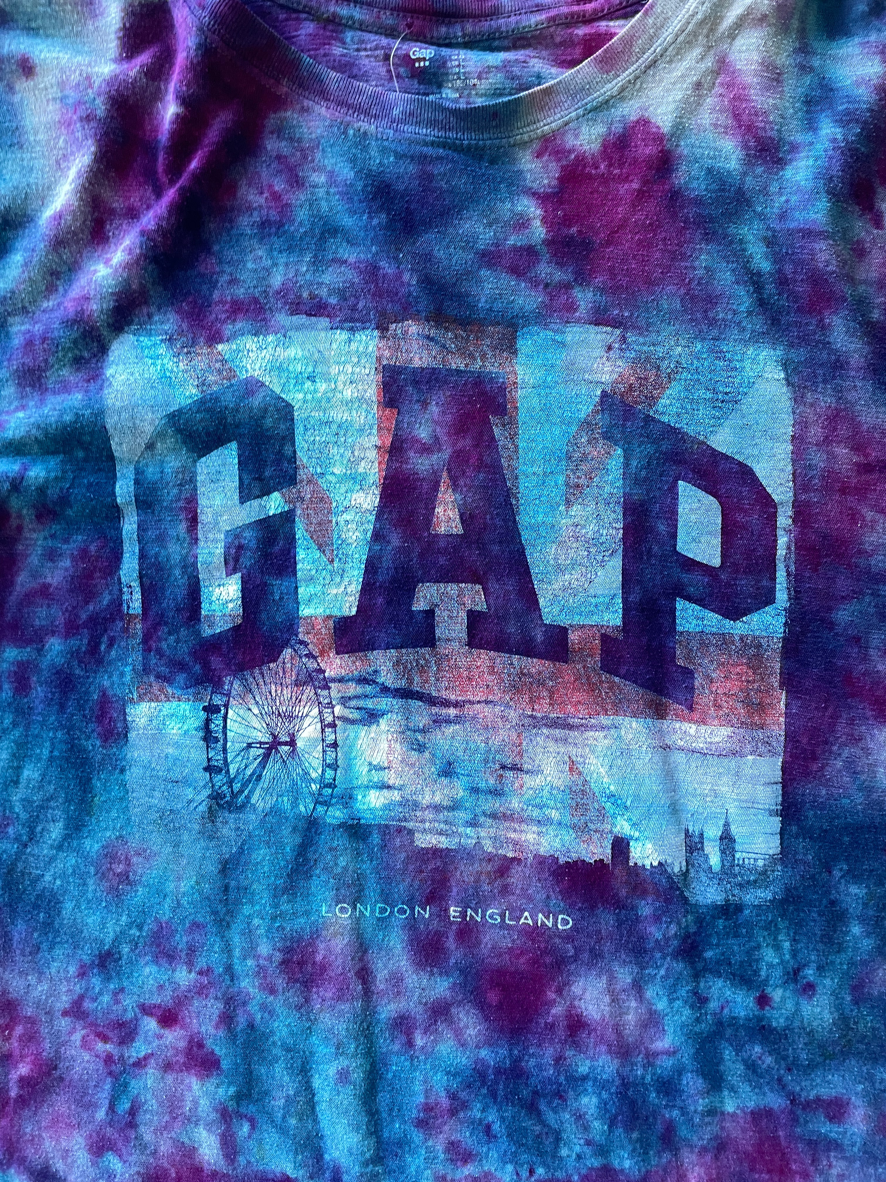 LARGE Women’s GAP London, UK Handmade Galaxy Tie Dye Short Sleeve T-Shirt | One-Of-a-Kind Upcycled Blue and Purple Top