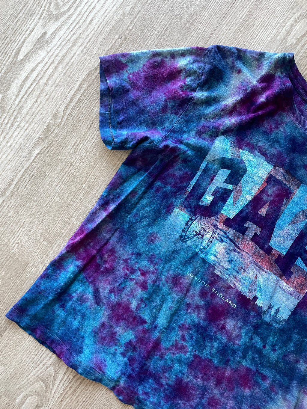 LARGE Women’s GAP London, UK Handmade Galaxy Tie Dye Short Sleeve T-Shirt | One-Of-a-Kind Upcycled Blue and Purple Top