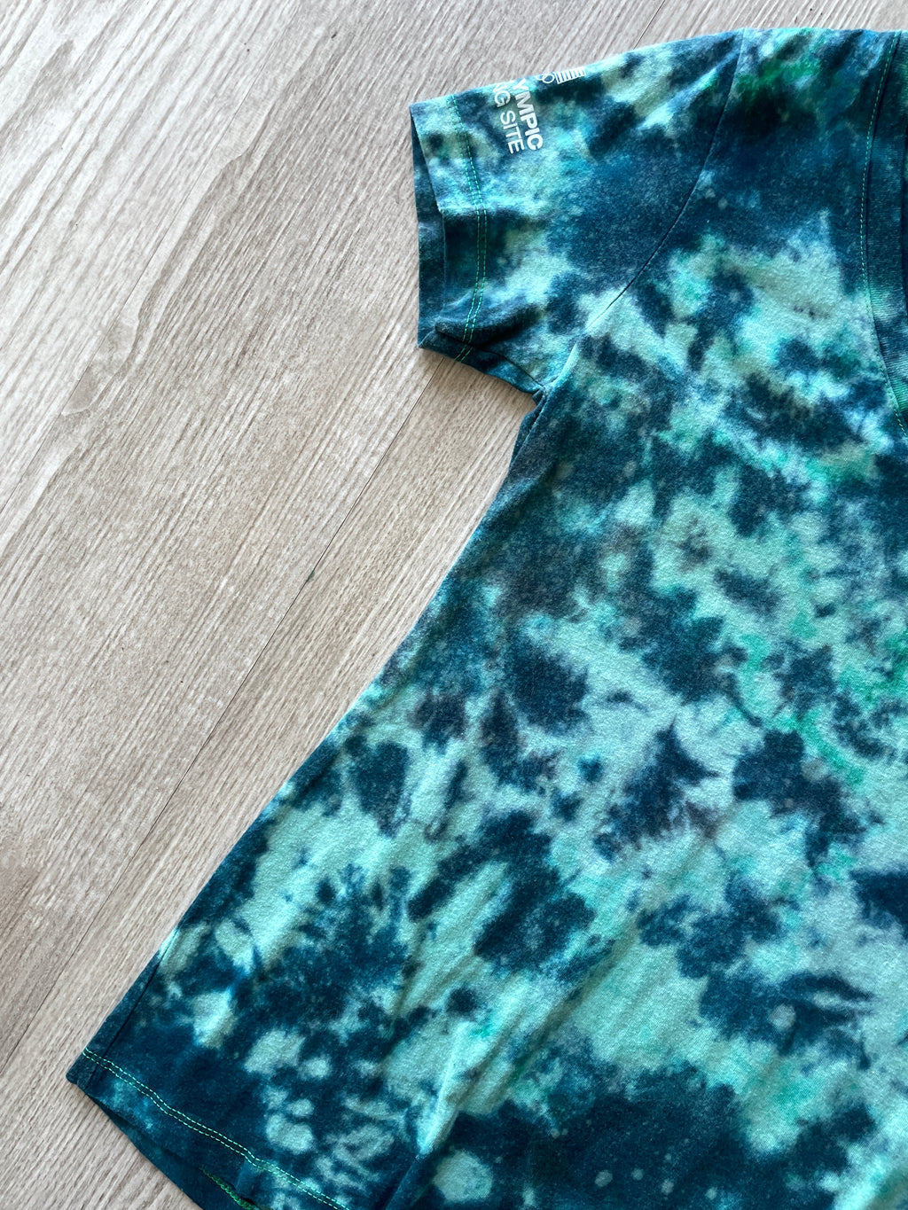 LARGE Women’s Utah Olympic Park Handmade Reverse Tie Dye Short Sleeve T-Shirt | One-Of-a-Kind Upcycled Green and Gray Crumpled Top