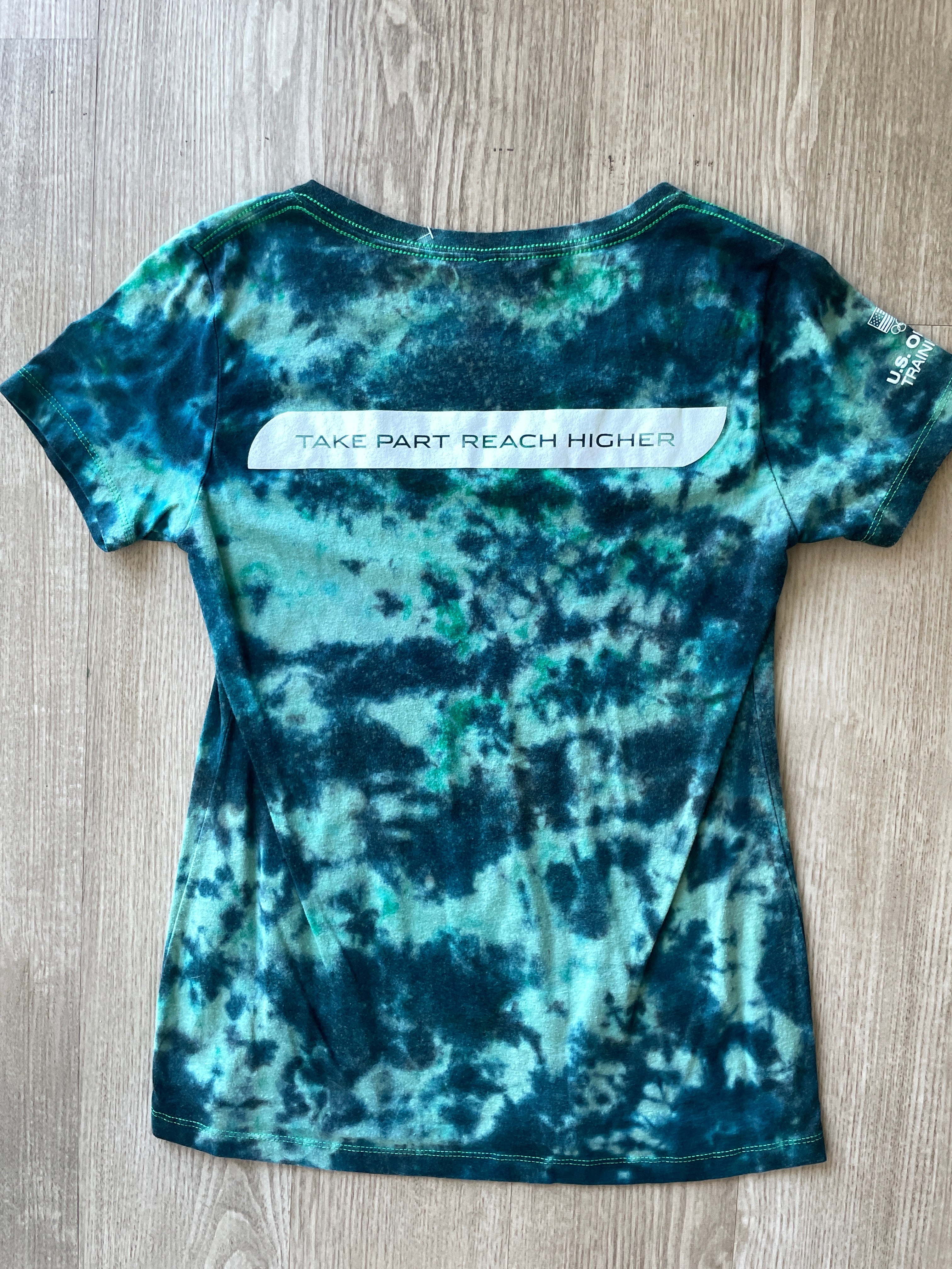 LARGE Women’s Utah Olympic Park Handmade Reverse Tie Dye Short Sleeve T-Shirt | One-Of-a-Kind Upcycled Green and Gray Crumpled Top