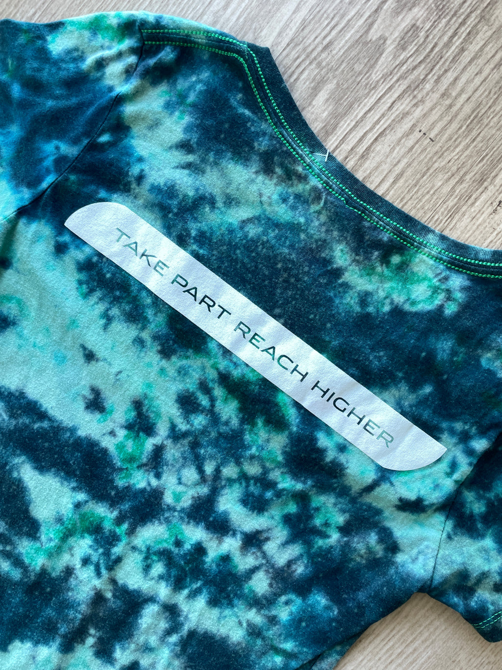 LARGE Women’s Utah Olympic Park Handmade Reverse Tie Dye Short Sleeve T-Shirt | One-Of-a-Kind Upcycled Green and Gray Crumpled Top
