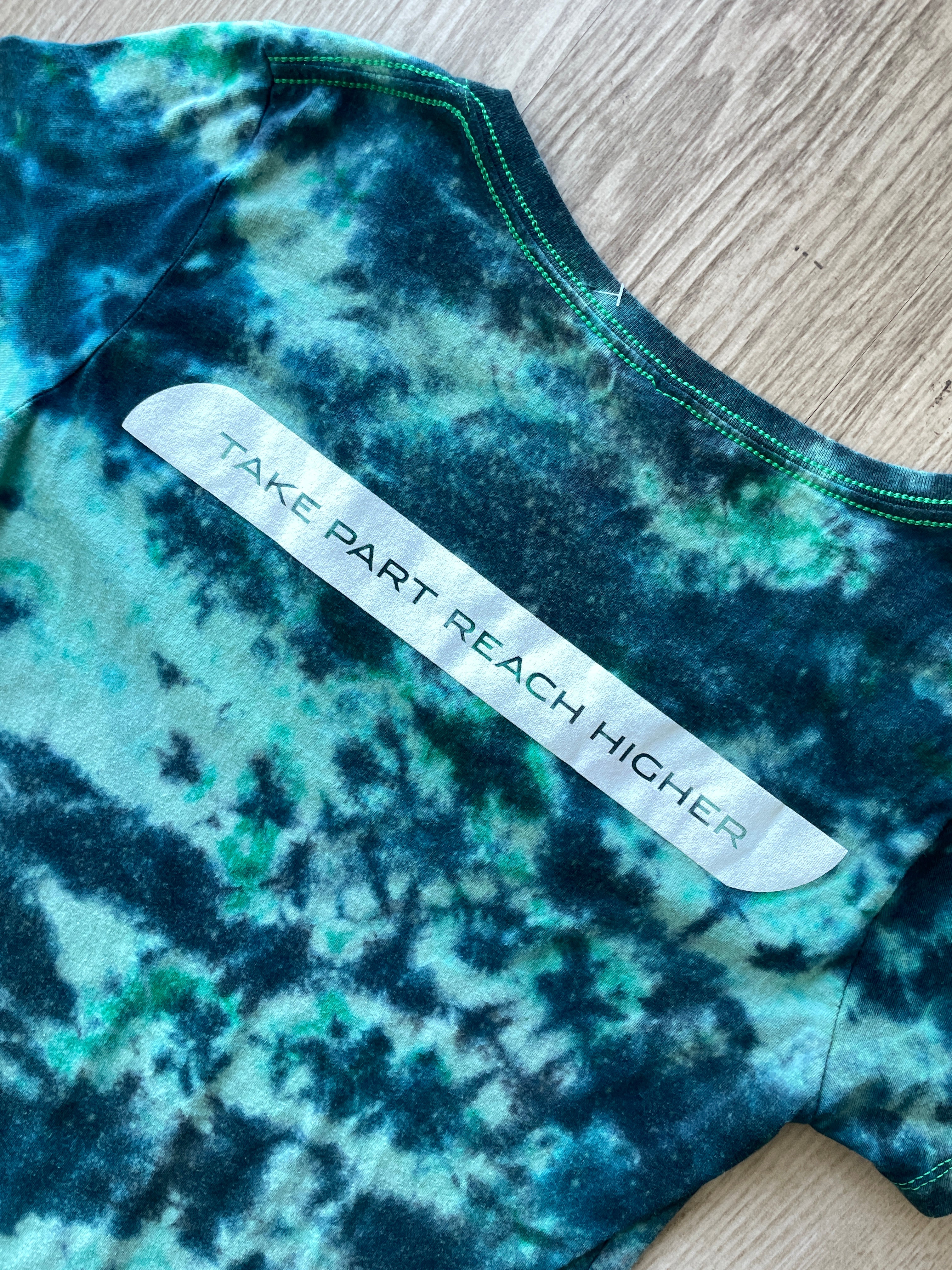 LARGE Women’s Utah Olympic Park Handmade Reverse Tie Dye Short Sleeve T-Shirt | One-Of-a-Kind Upcycled Green and Gray Crumpled Top