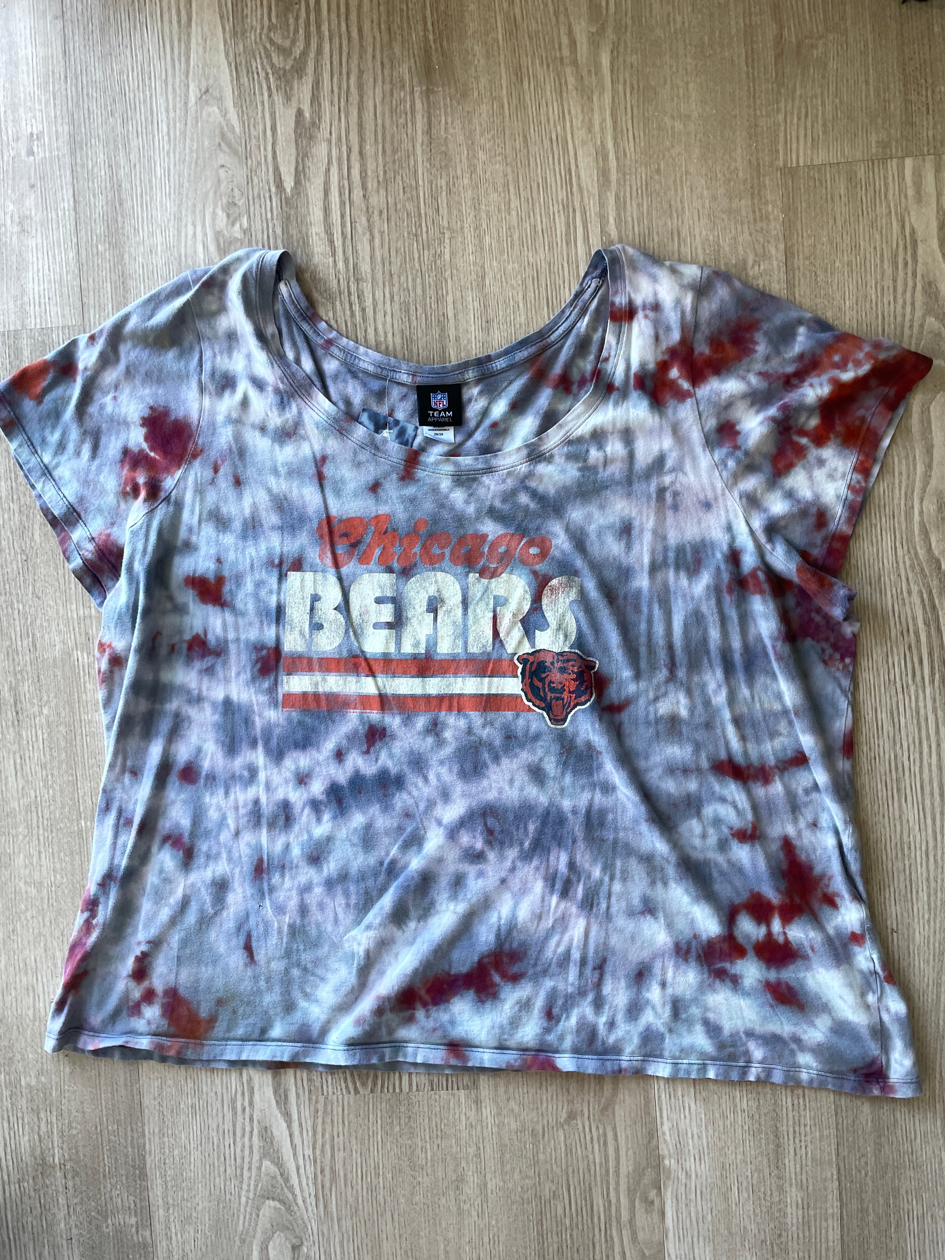 2XL Women’s Chicago Bears Handmade Galaxy Tie Dye Short Sleeve T-Shirt | One-Of-a-Kind Upcycled Gray and Orange Top