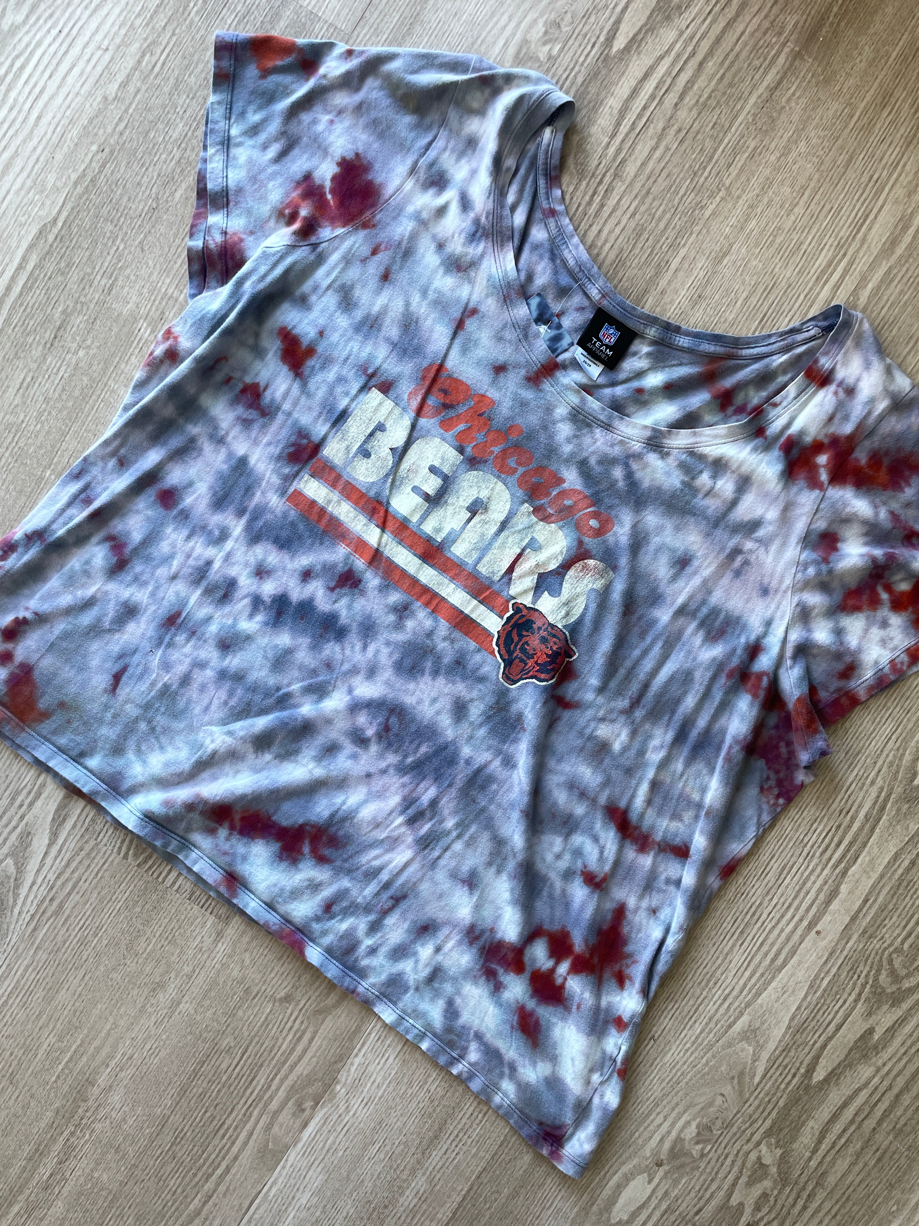 2XL Women’s Chicago Bears Handmade Galaxy Tie Dye Short Sleeve T-Shirt | One-Of-a-Kind Upcycled Gray and Orange Top