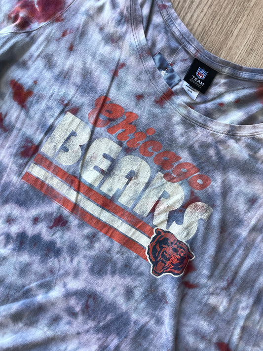 2XL Women’s Chicago Bears Handmade Galaxy Tie Dye Short Sleeve T-Shirt | One-Of-a-Kind Upcycled Gray and Orange Top