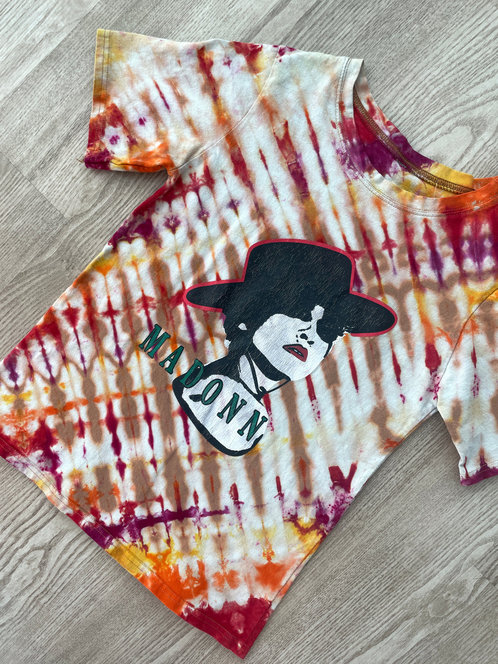 MEDIUM Youth Madonna Tie Dye Short Sleeve T-Shirt | One-Of-a-Kind Upcycled Tan and Red Pleated Top