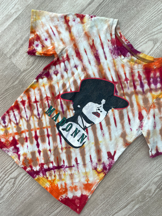 MEDIUM Youth Madonna Tie Dye Short Sleeve T-Shirt | One-Of-a-Kind Upcycled Tan and Red Pleated Top
