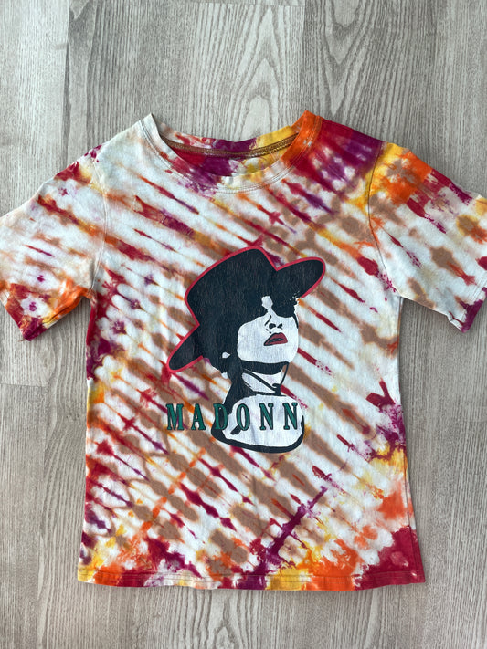 MEDIUM Youth Madonna Tie Dye Short Sleeve T-Shirt | One-Of-a-Kind Upcycled Tan and Red Pleated Top