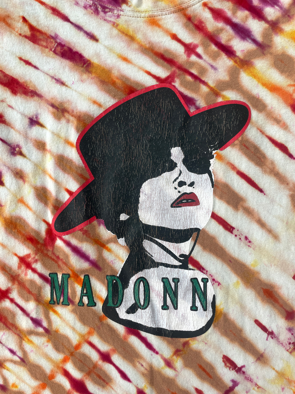 MEDIUM Youth Madonna Tie Dye Short Sleeve T-Shirt | One-Of-a-Kind Upcycled Tan and Red Pleated Top