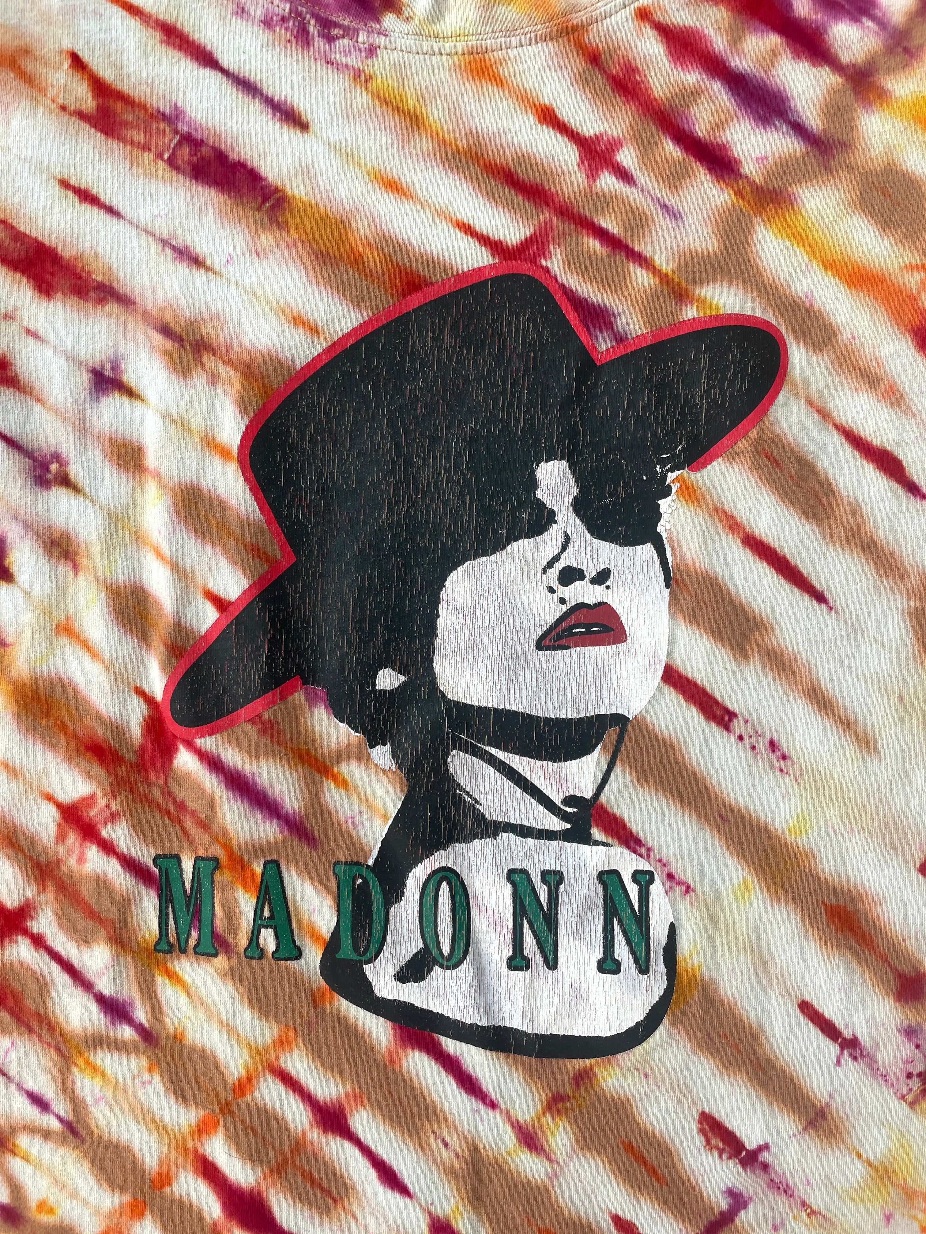 MEDIUM Youth Madonna Tie Dye Short Sleeve T-Shirt | One-Of-a-Kind Upcycled Tan and Red Pleated Top