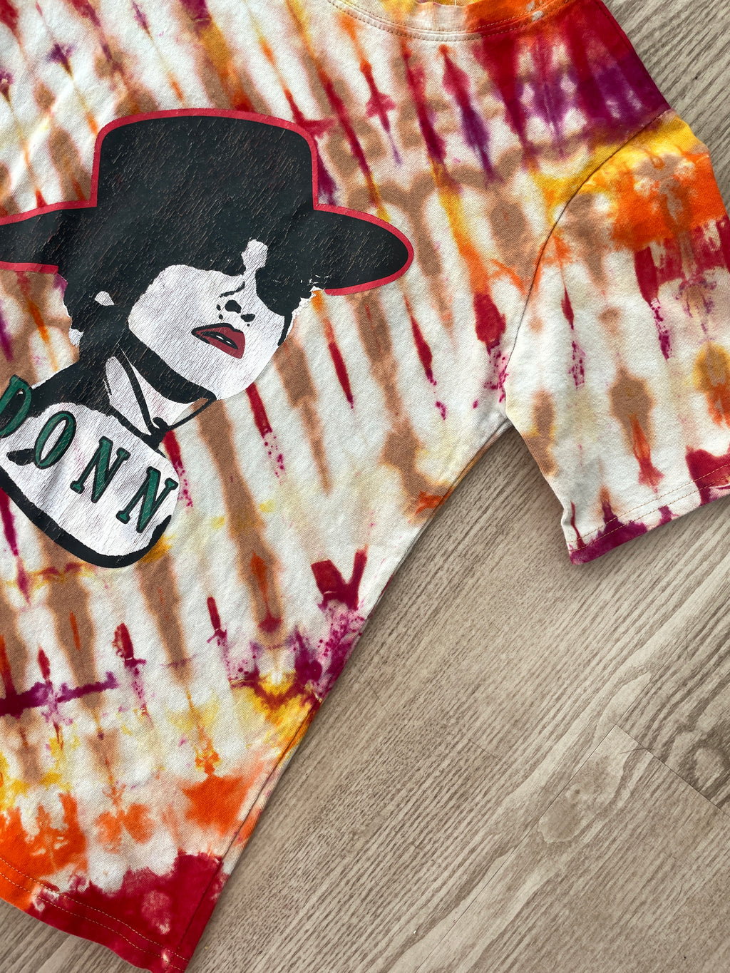 MEDIUM Youth Madonna Tie Dye Short Sleeve T-Shirt | One-Of-a-Kind Upcycled Tan and Red Pleated Top