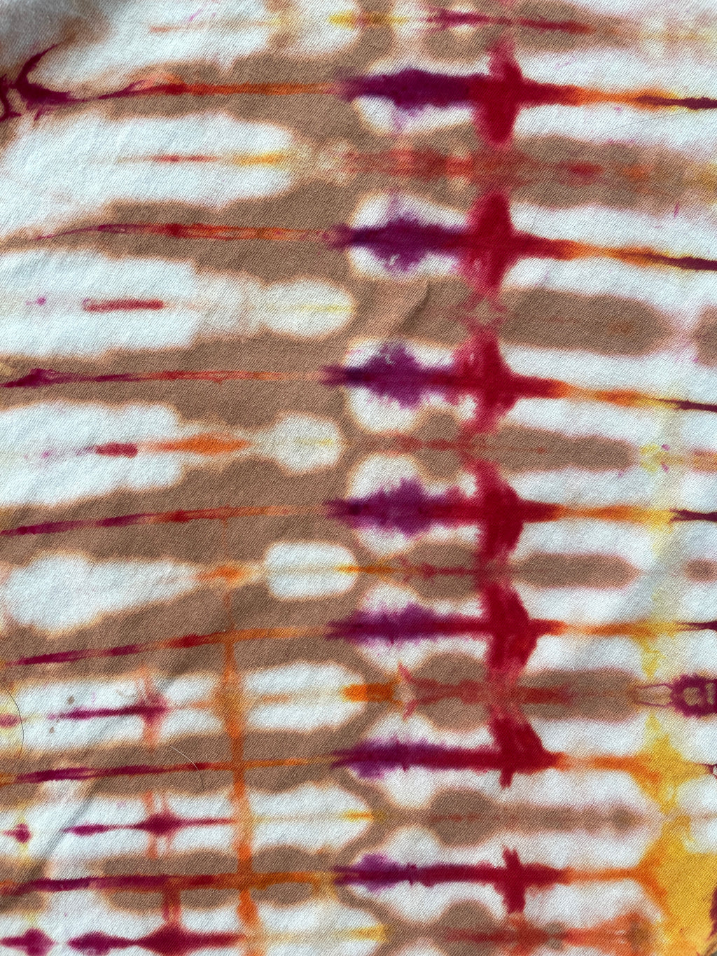 MEDIUM Youth Madonna Tie Dye Short Sleeve T-Shirt | One-Of-a-Kind Upcycled Tan and Red Pleated Top