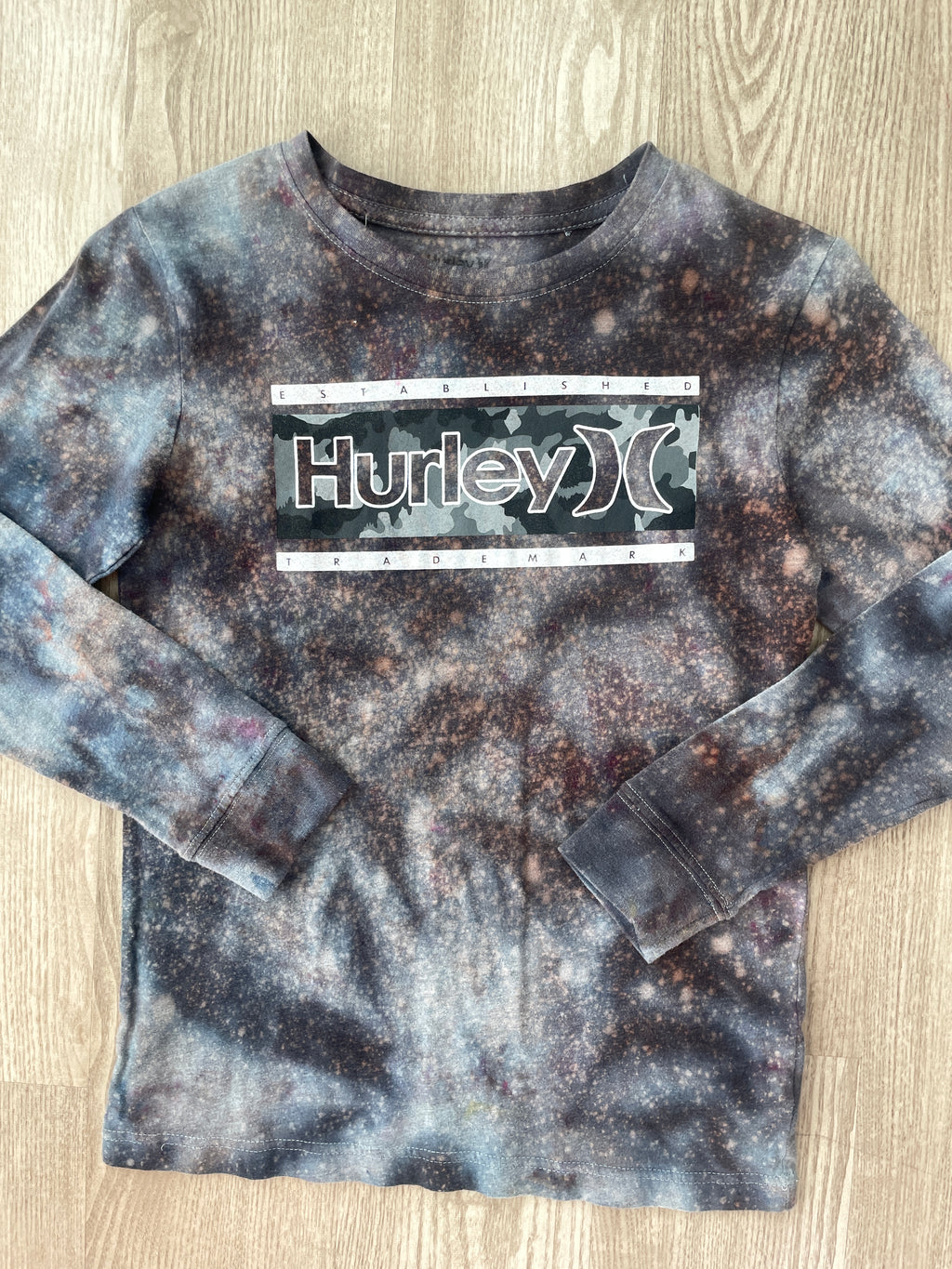 LARGE Youth Boys Hurley Handmade Galaxy Tie Dye Short Long Sleeve T-Shirt | One-Of-a-Kind Upcycled Black and Gray Ice Dye Top