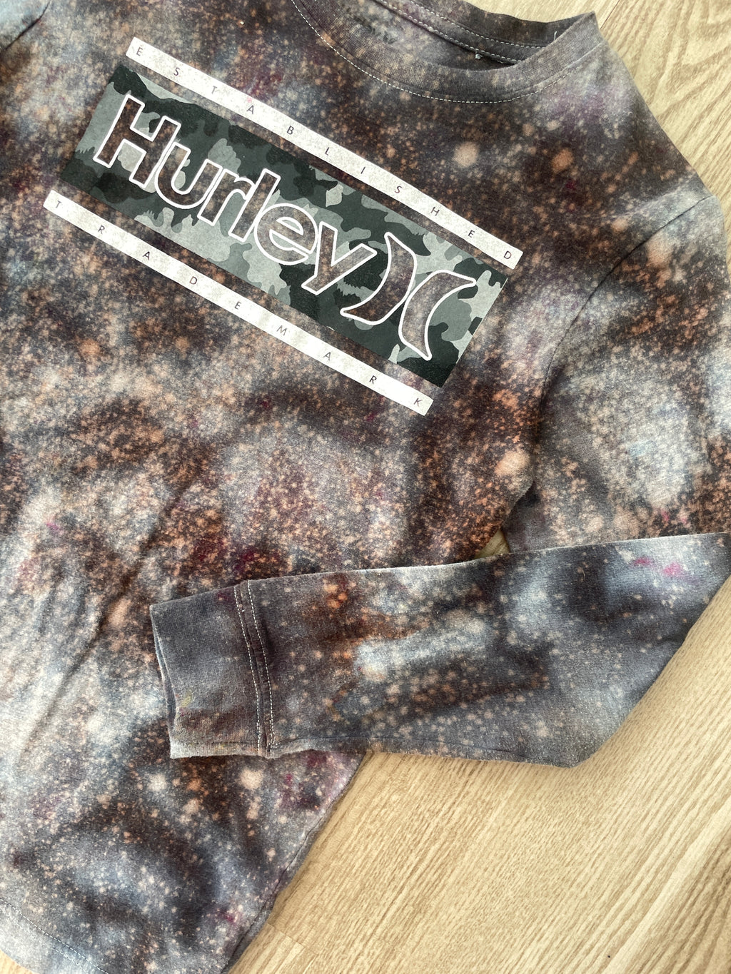 LARGE Youth Boys Hurley Handmade Galaxy Tie Dye Short Long Sleeve T-Shirt | One-Of-a-Kind Upcycled Black and Gray Ice Dye Top