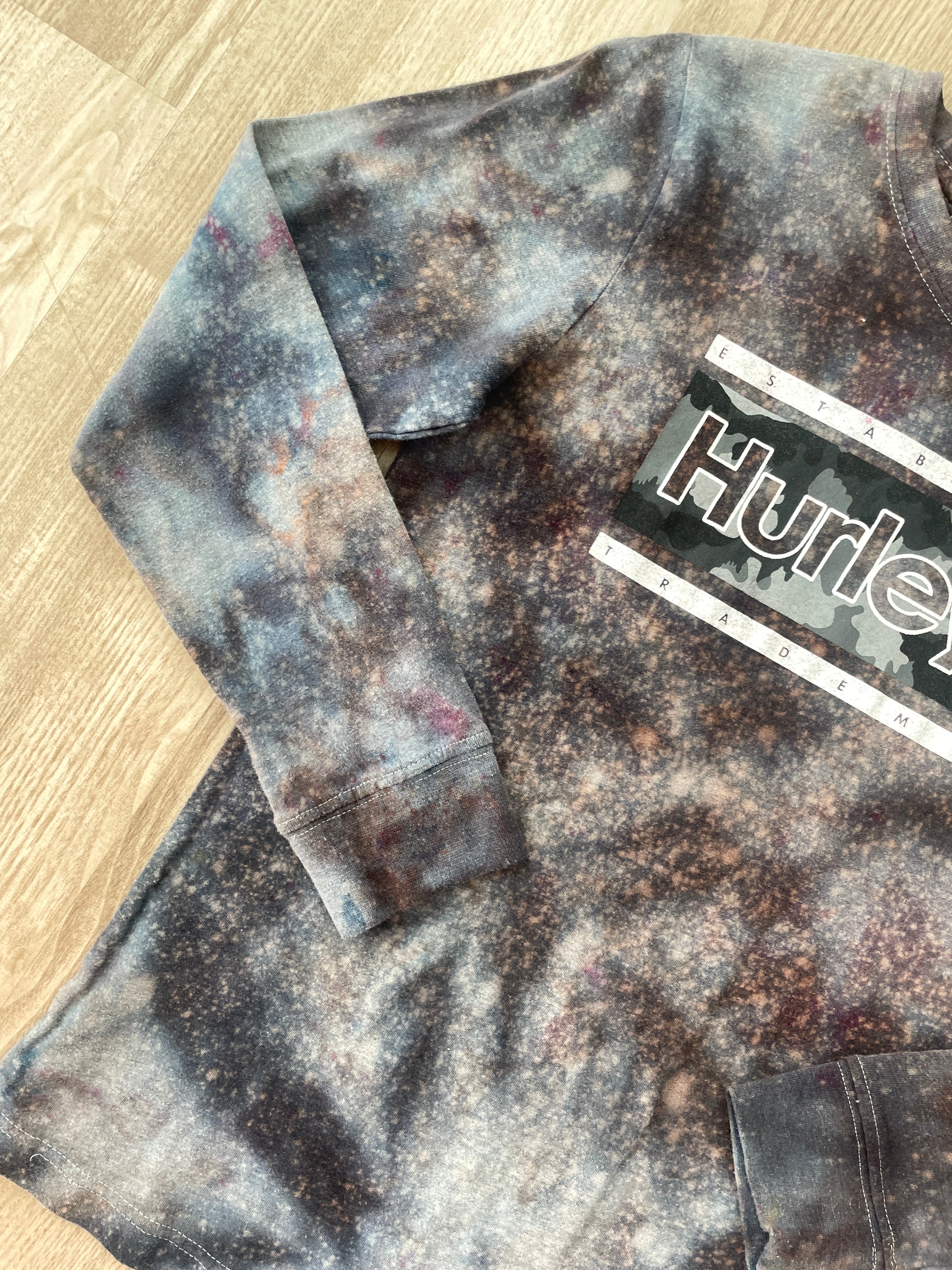 LARGE Youth Boys Hurley Handmade Galaxy Tie Dye Short Long Sleeve T-Shirt | One-Of-a-Kind Upcycled Black and Gray Ice Dye Top