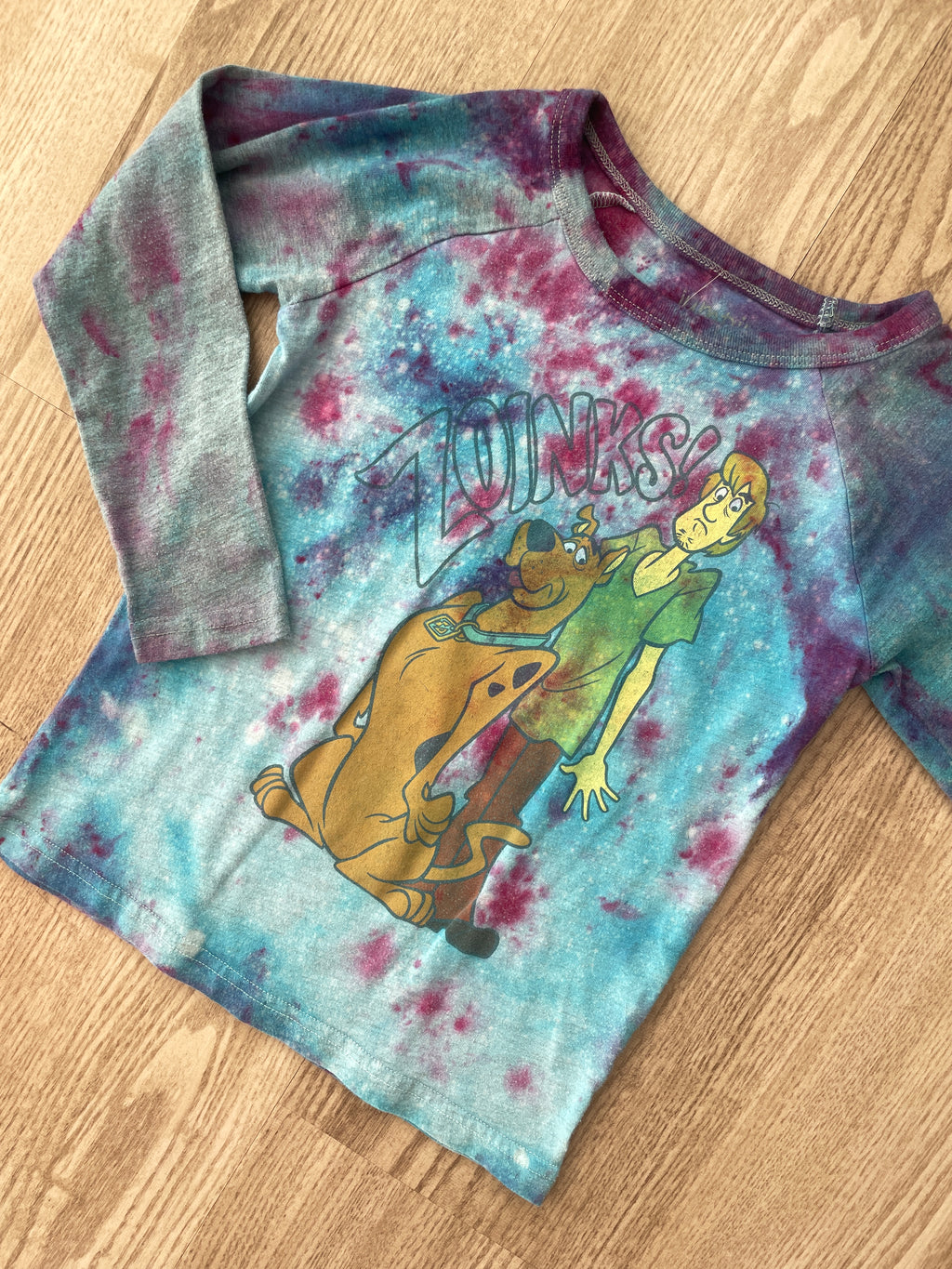 Youth Size 5 Scoobie Doo ZOINKS Handmade Galaxy Tie Dye Short Long Sleeve T-Shirt | One-Of-a-Kind Upcycled Blue and Pink Ice Dye Top