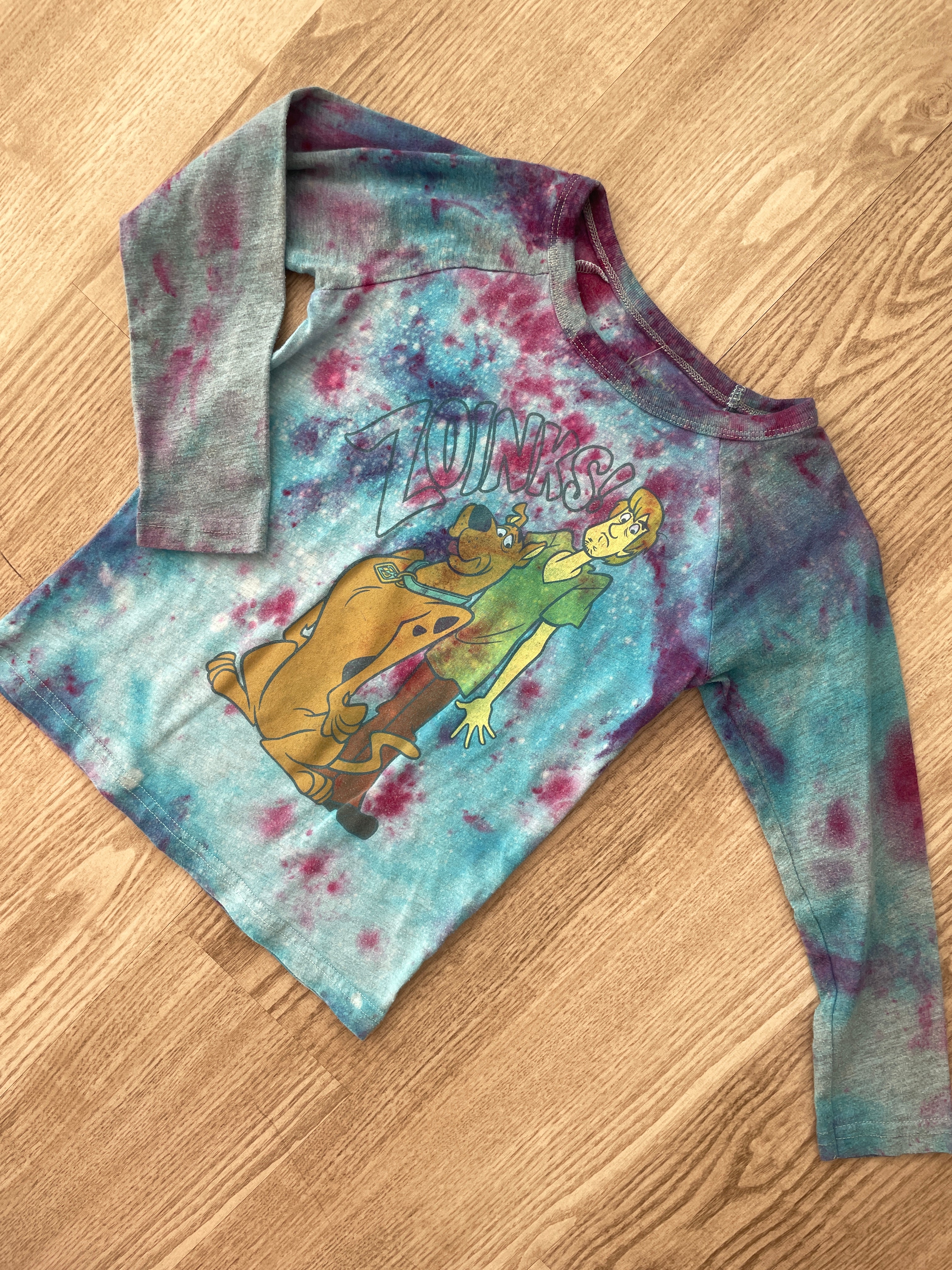 Youth Size 5 Scoobie Doo ZOINKS Handmade Galaxy Tie Dye Short Long Sleeve T-Shirt | One-Of-a-Kind Upcycled Blue and Pink Ice Dye Top