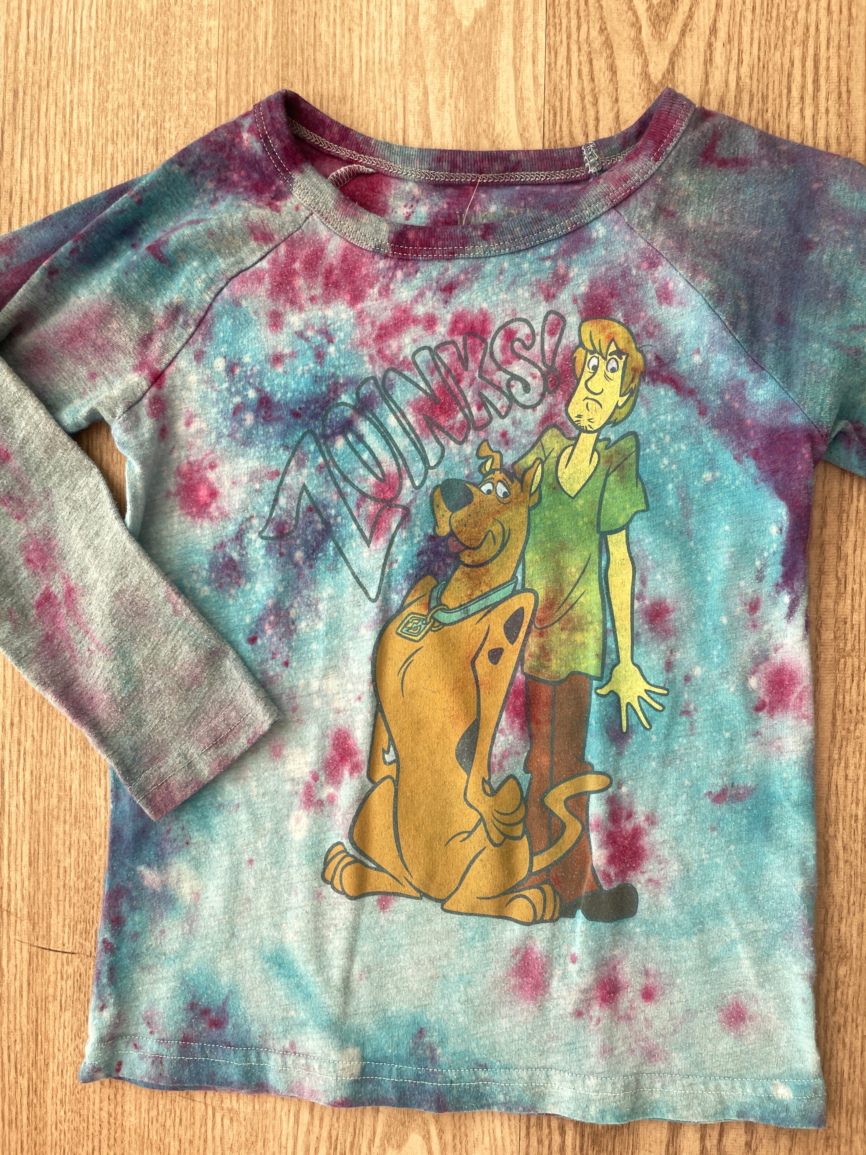 Youth Size 5 Scoobie Doo ZOINKS Handmade Galaxy Tie Dye Short Long Sleeve T-Shirt | One-Of-a-Kind Upcycled Blue and Pink Ice Dye Top