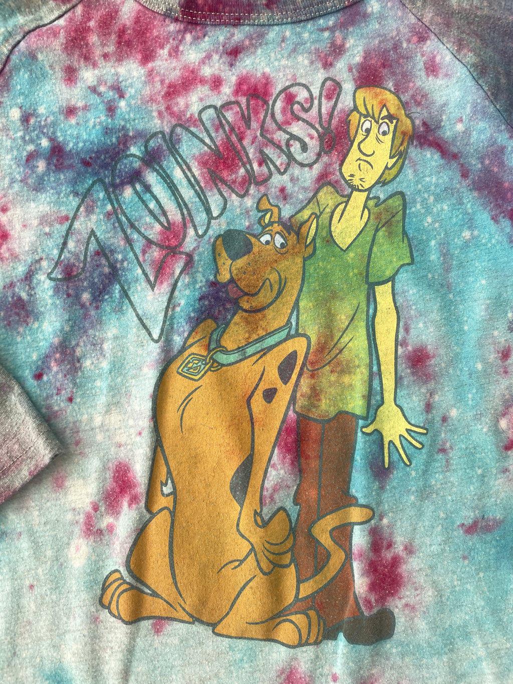 Youth Size 5 Scoobie Doo ZOINKS Handmade Galaxy Tie Dye Short Long Sleeve T-Shirt | One-Of-a-Kind Upcycled Blue and Pink Ice Dye Top