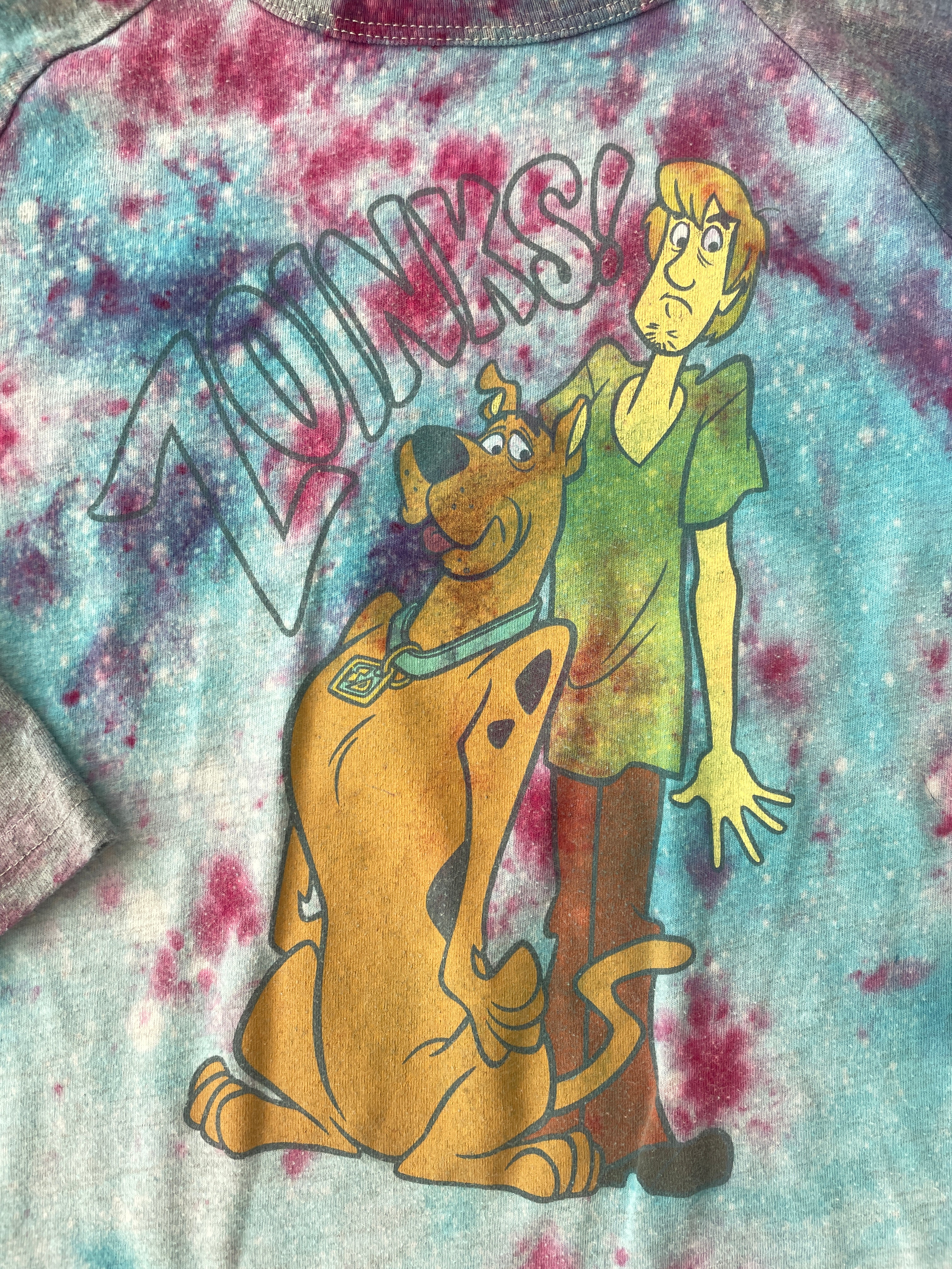 Youth Size 5 Scoobie Doo ZOINKS Handmade Galaxy Tie Dye Short Long Sleeve T-Shirt | One-Of-a-Kind Upcycled Blue and Pink Ice Dye Top