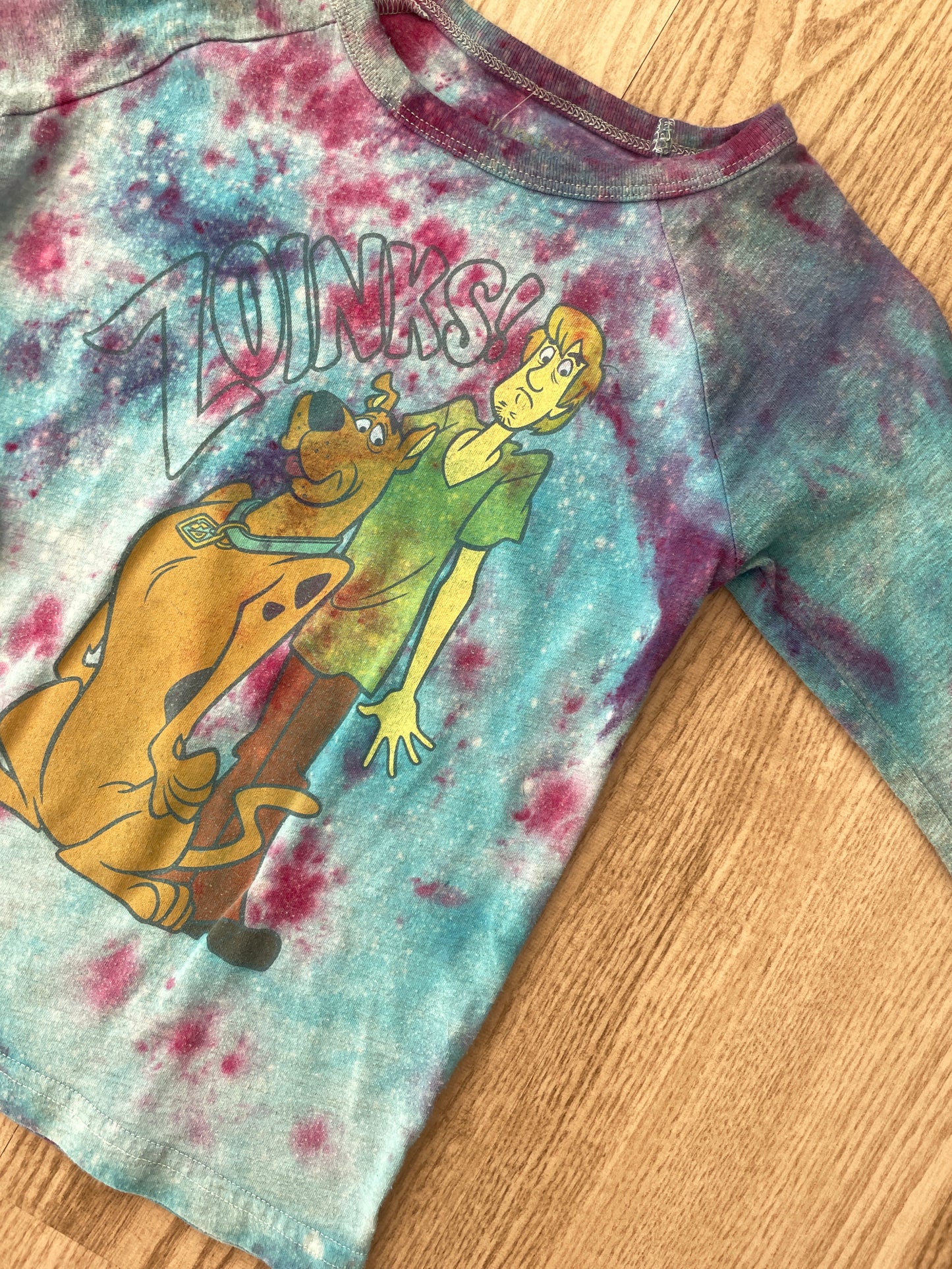 Youth Size 5 Scoobie Doo ZOINKS Handmade Galaxy Tie Dye Short Long Sleeve T-Shirt | One-Of-a-Kind Upcycled Blue and Pink Ice Dye Top