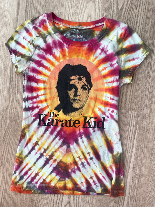 MEDIUM Juniors' Karate Kid Daniel LaRusso Tie Dye Short Sleeve T-Shirt | One-Of-a-Kind Upcycled Tan and Pink Pleated Top