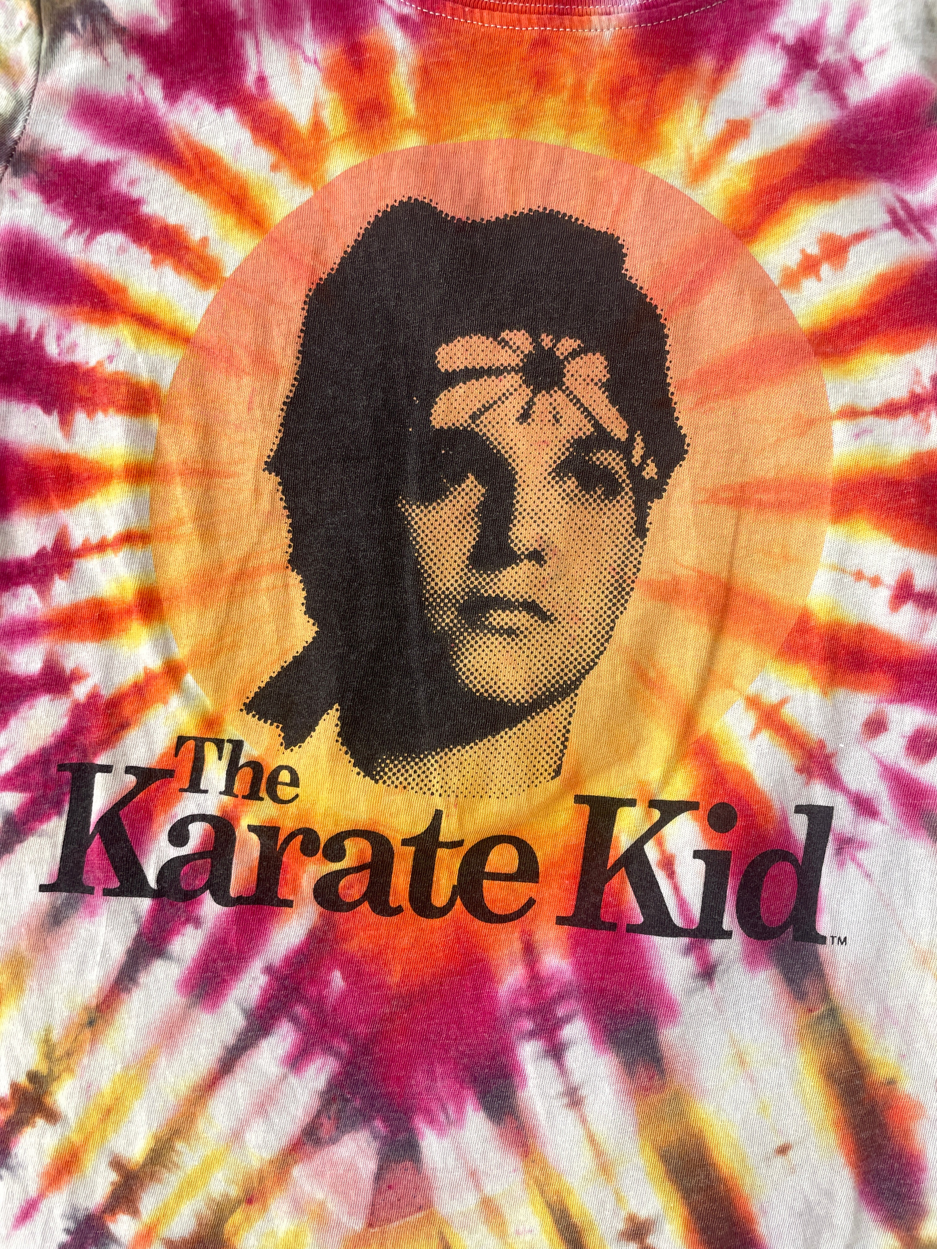 MEDIUM Juniors' Karate Kid Daniel LaRusso Tie Dye Short Sleeve T-Shirt | One-Of-a-Kind Upcycled Tan and Pink Pleated Top