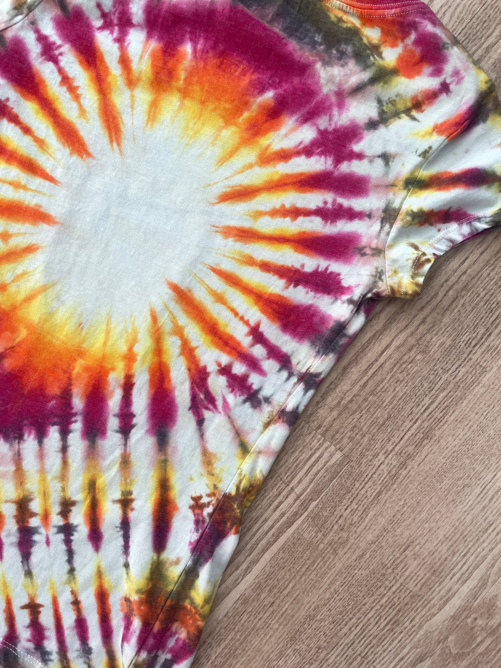 MEDIUM Juniors' Karate Kid Daniel LaRusso Tie Dye Short Sleeve T-Shirt | One-Of-a-Kind Upcycled Tan and Pink Pleated Top